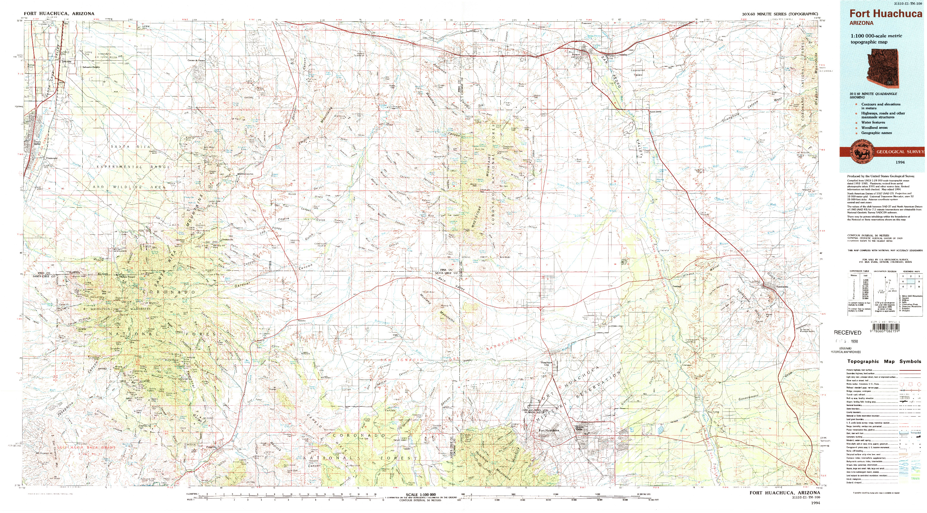 USGS 1:100000-SCALE QUADRANGLE FOR FORT HUACHUCA, AZ 1994