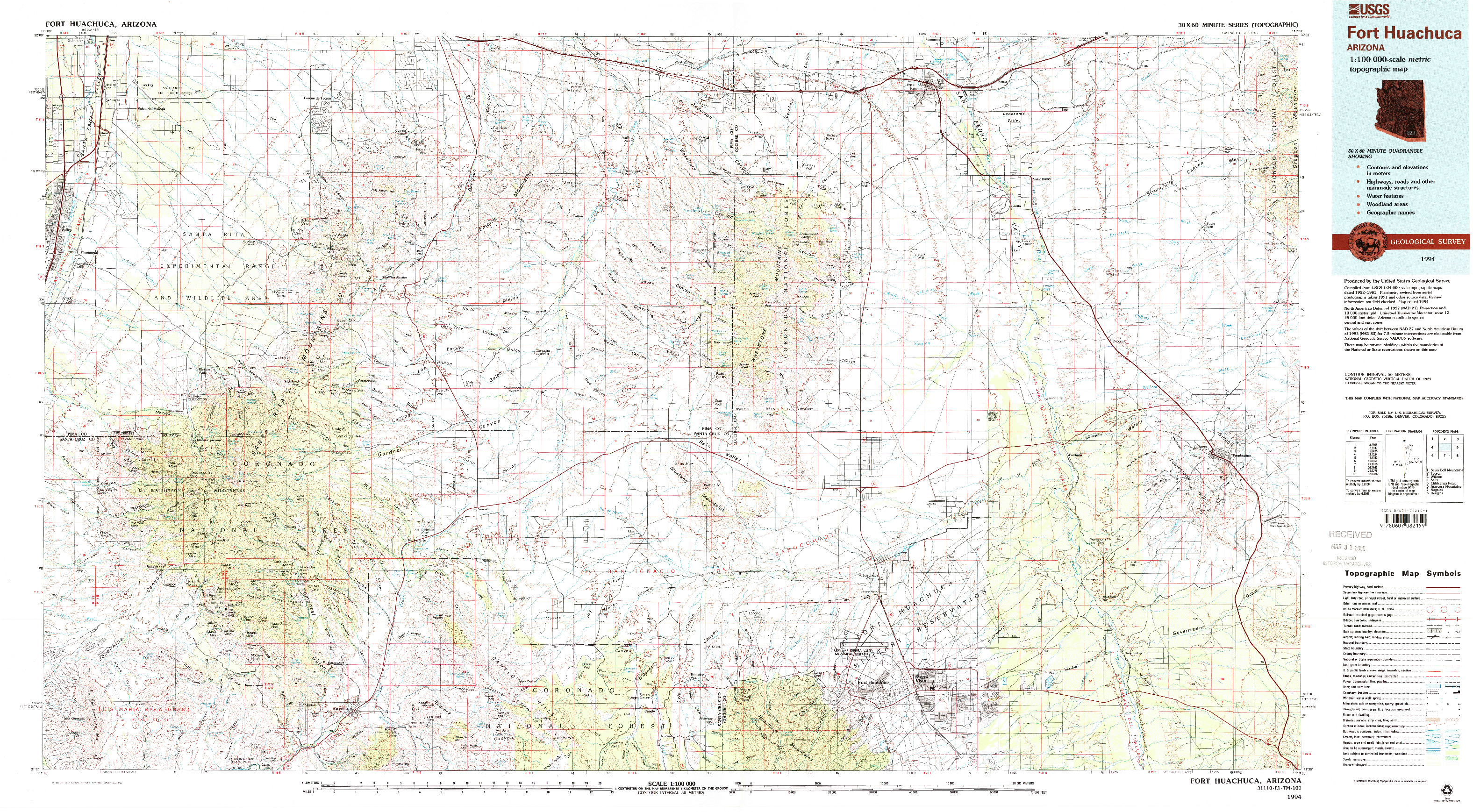 USGS 1:100000-SCALE QUADRANGLE FOR FORT HUACHUCA, AZ 1994