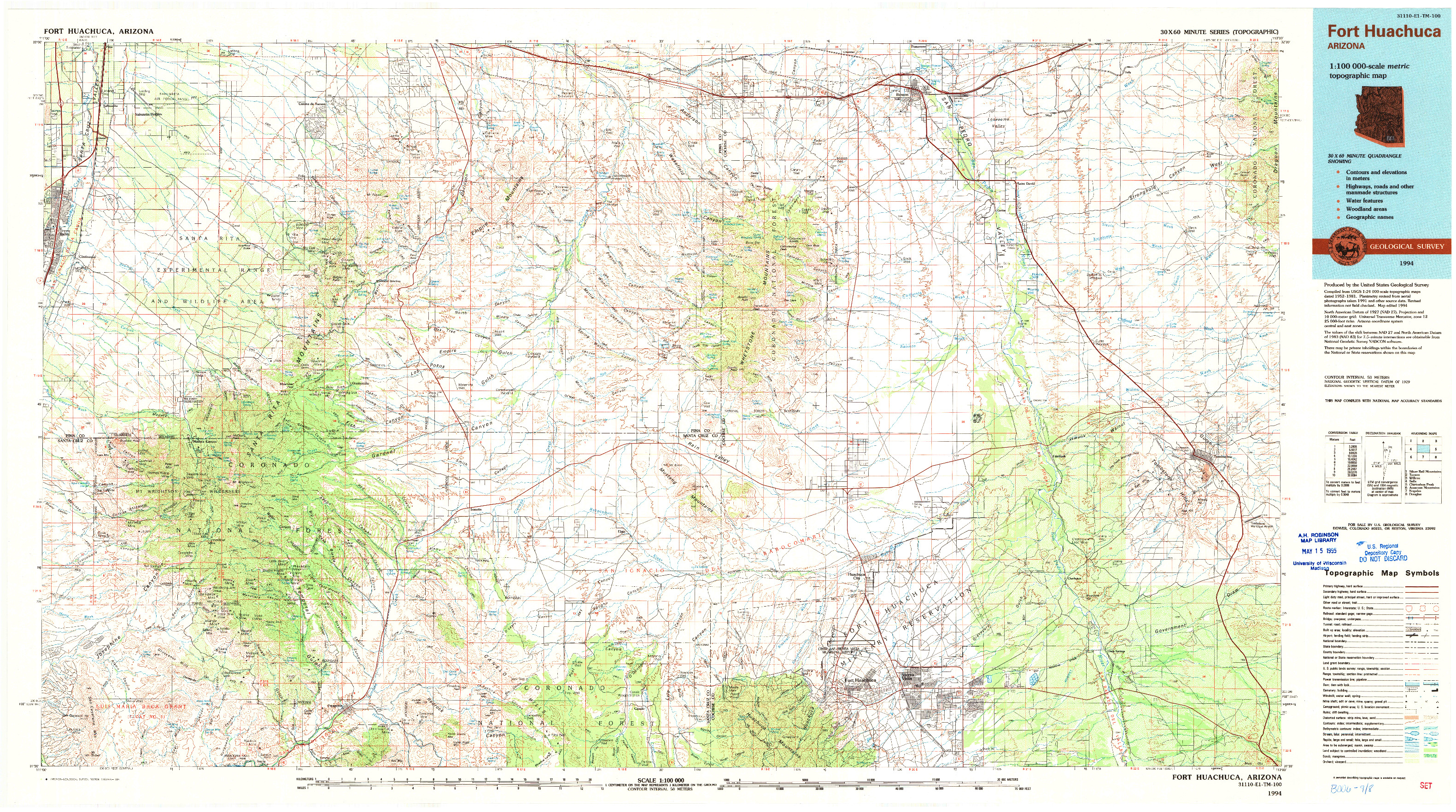 USGS 1:100000-SCALE QUADRANGLE FOR FORT HUACHUCA, AZ 1994