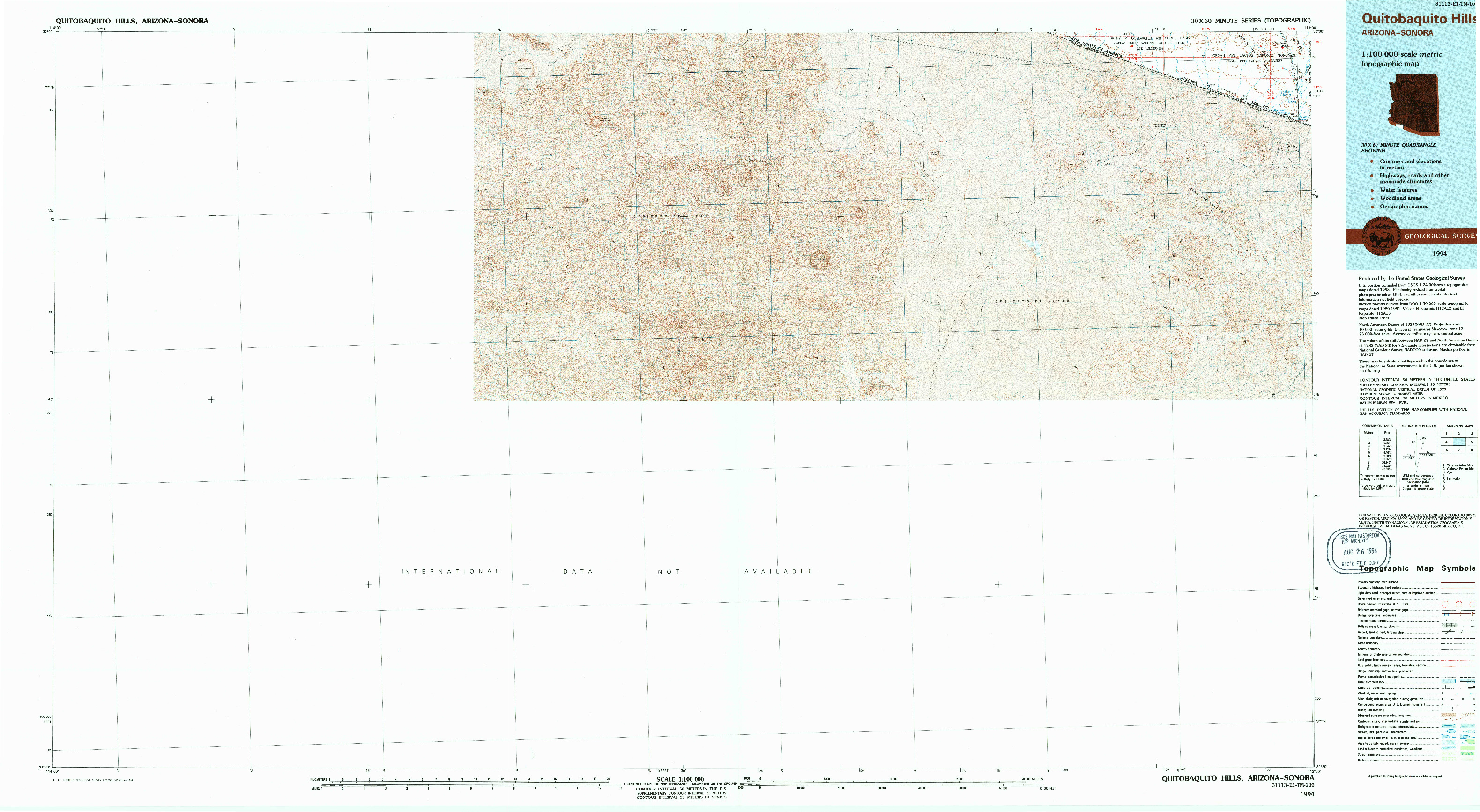 USGS 1:100000-SCALE QUADRANGLE FOR QUITOBAQUITO HILLS, AZ 1994