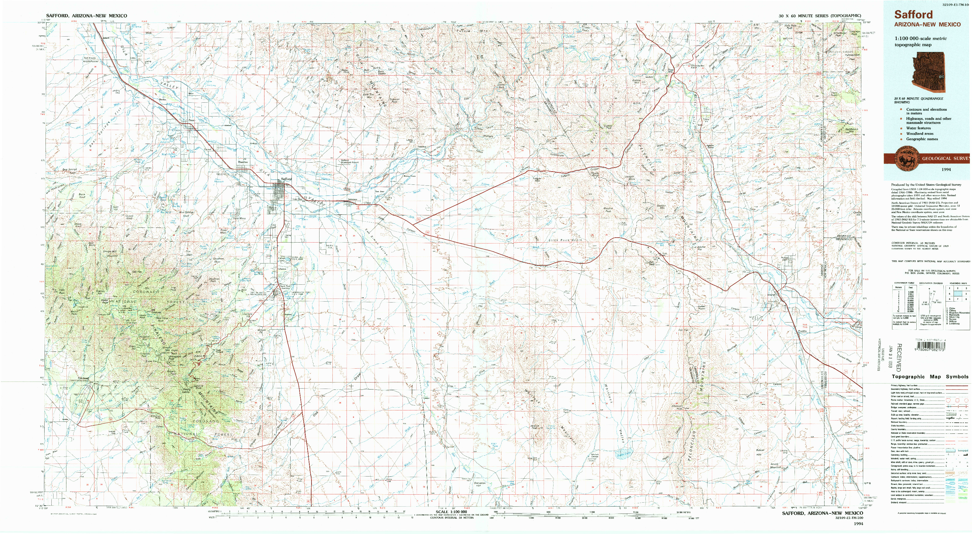 USGS 1:100000-SCALE QUADRANGLE FOR SAFFORD, AZ 1994