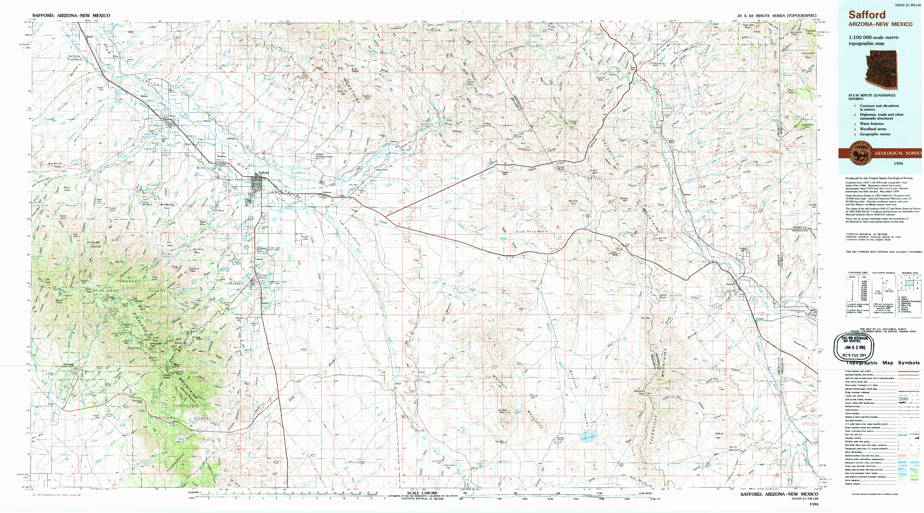USGS 1:100000-SCALE QUADRANGLE FOR SAFFORD, AZ 1994