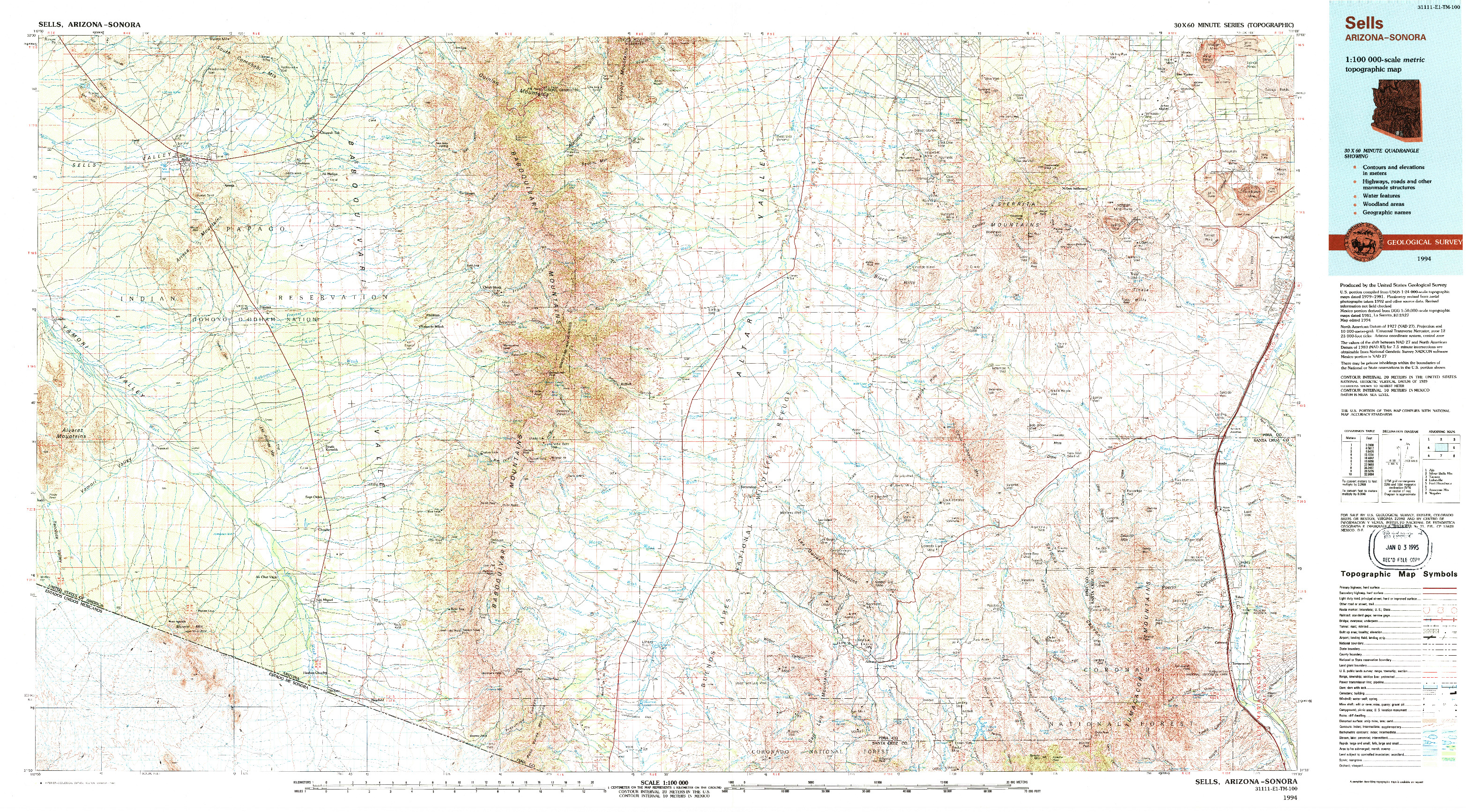 USGS 1:100000-SCALE QUADRANGLE FOR SELLS, AZ 1994