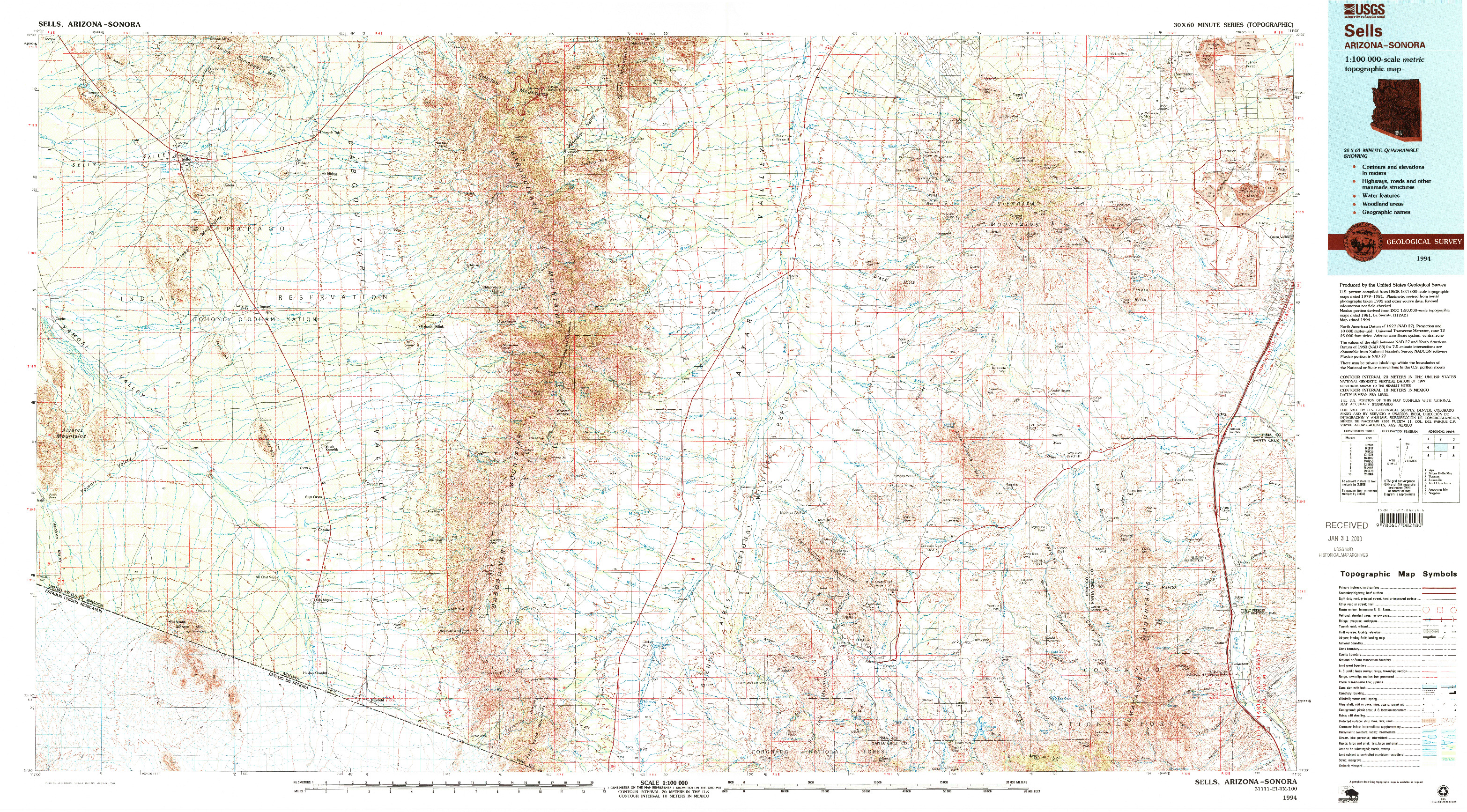 USGS 1:100000-SCALE QUADRANGLE FOR SELLS, AZ 1994