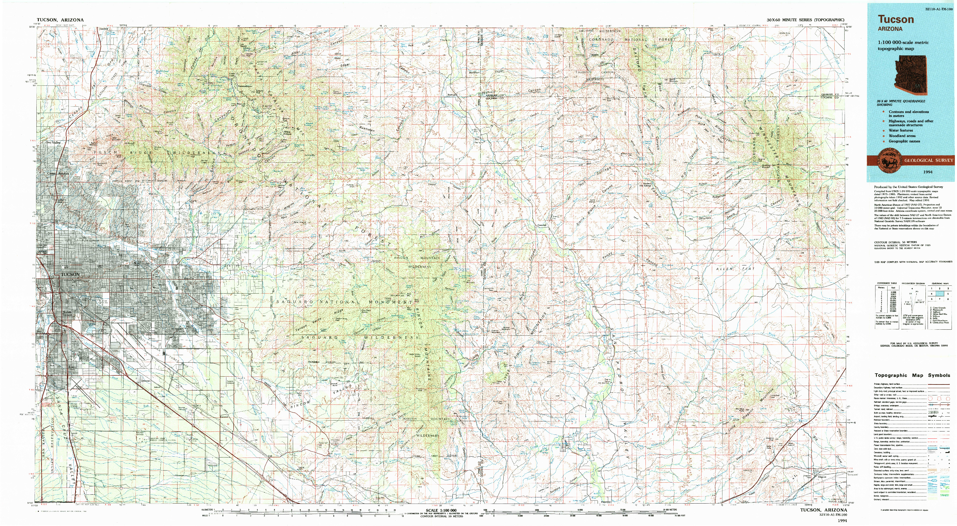 USGS 1:100000-SCALE QUADRANGLE FOR TUCSON, AZ 1994