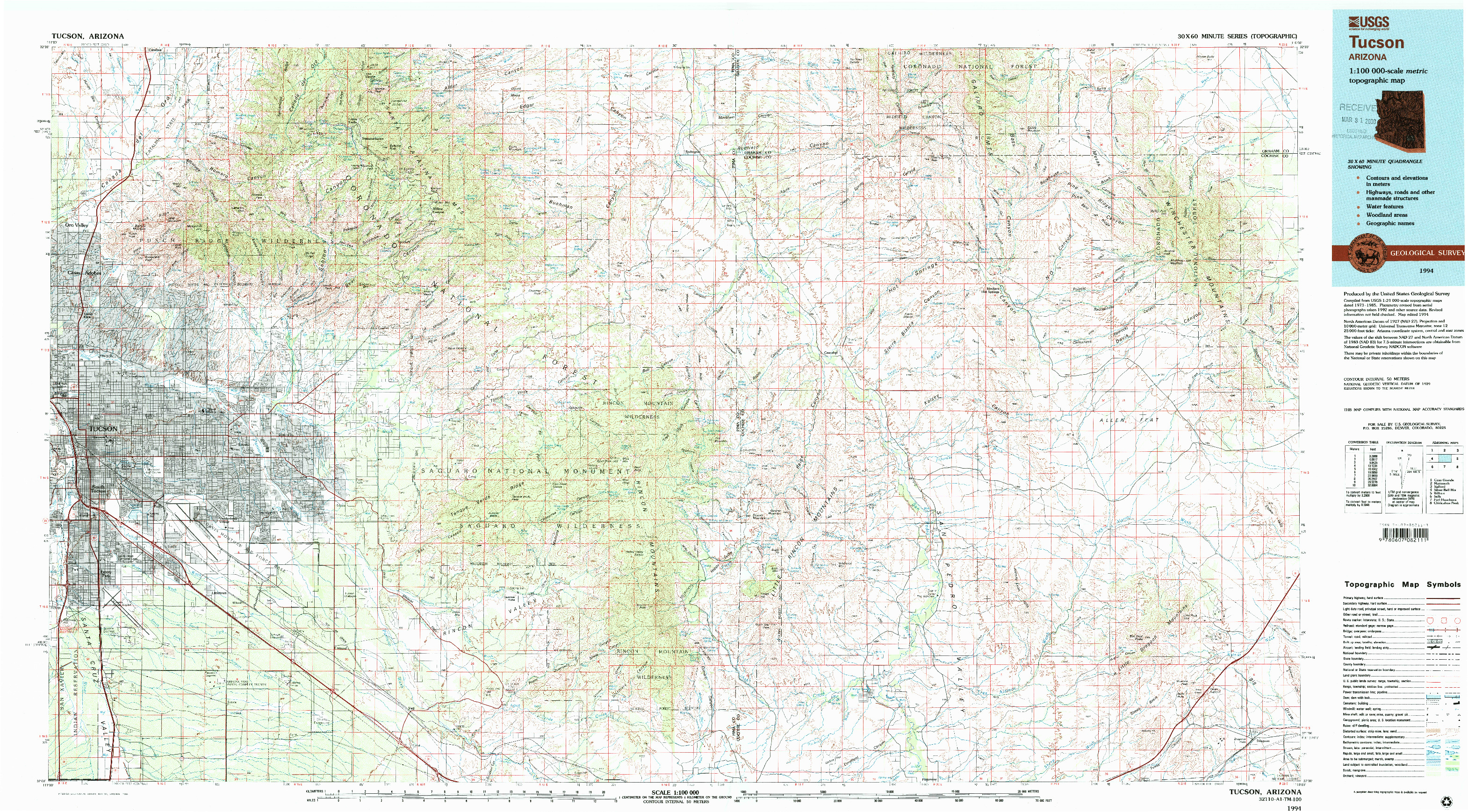 USGS 1:100000-SCALE QUADRANGLE FOR TUCSON, AZ 1994