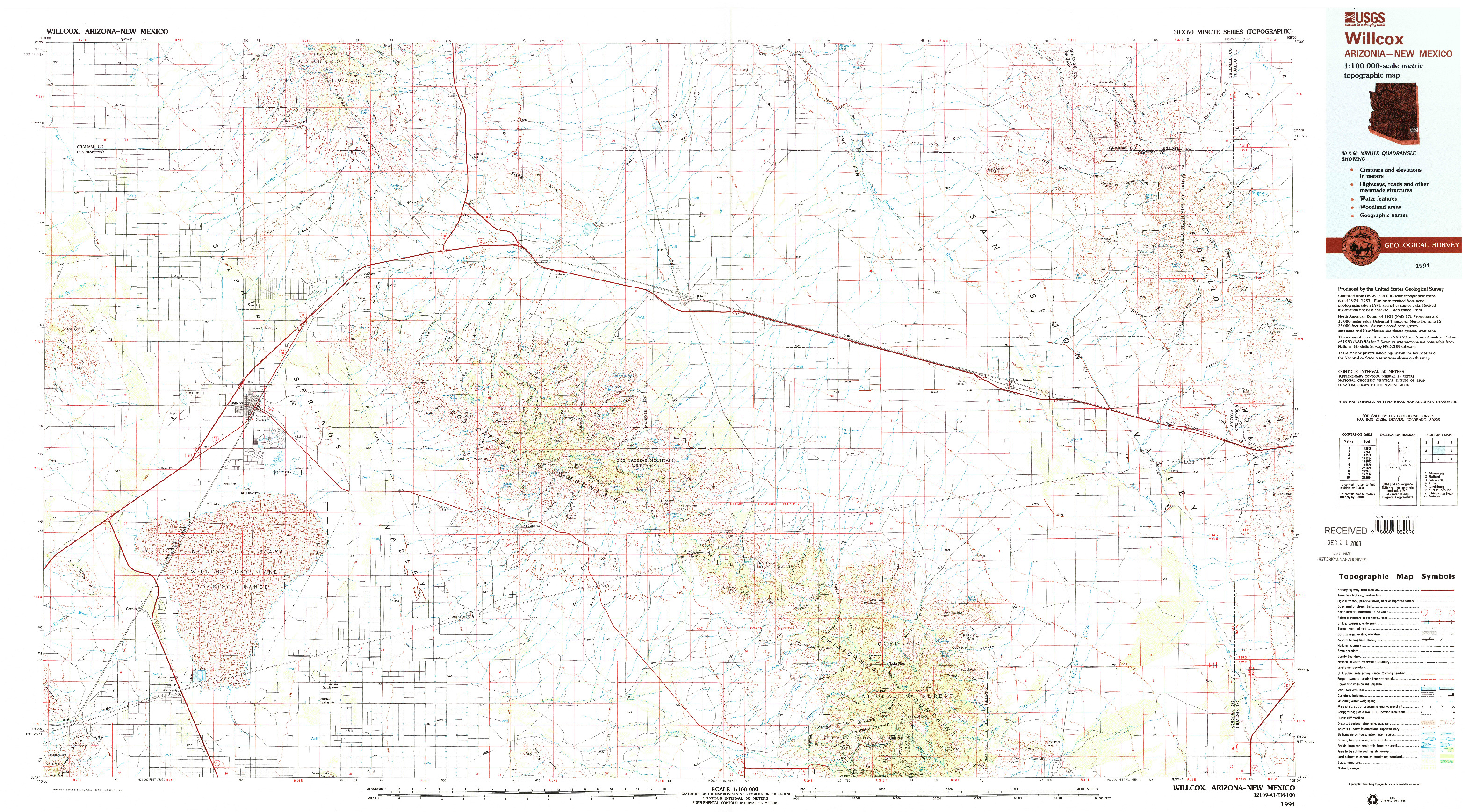 USGS 1:100000-SCALE QUADRANGLE FOR WILLCOX, AZ 1994