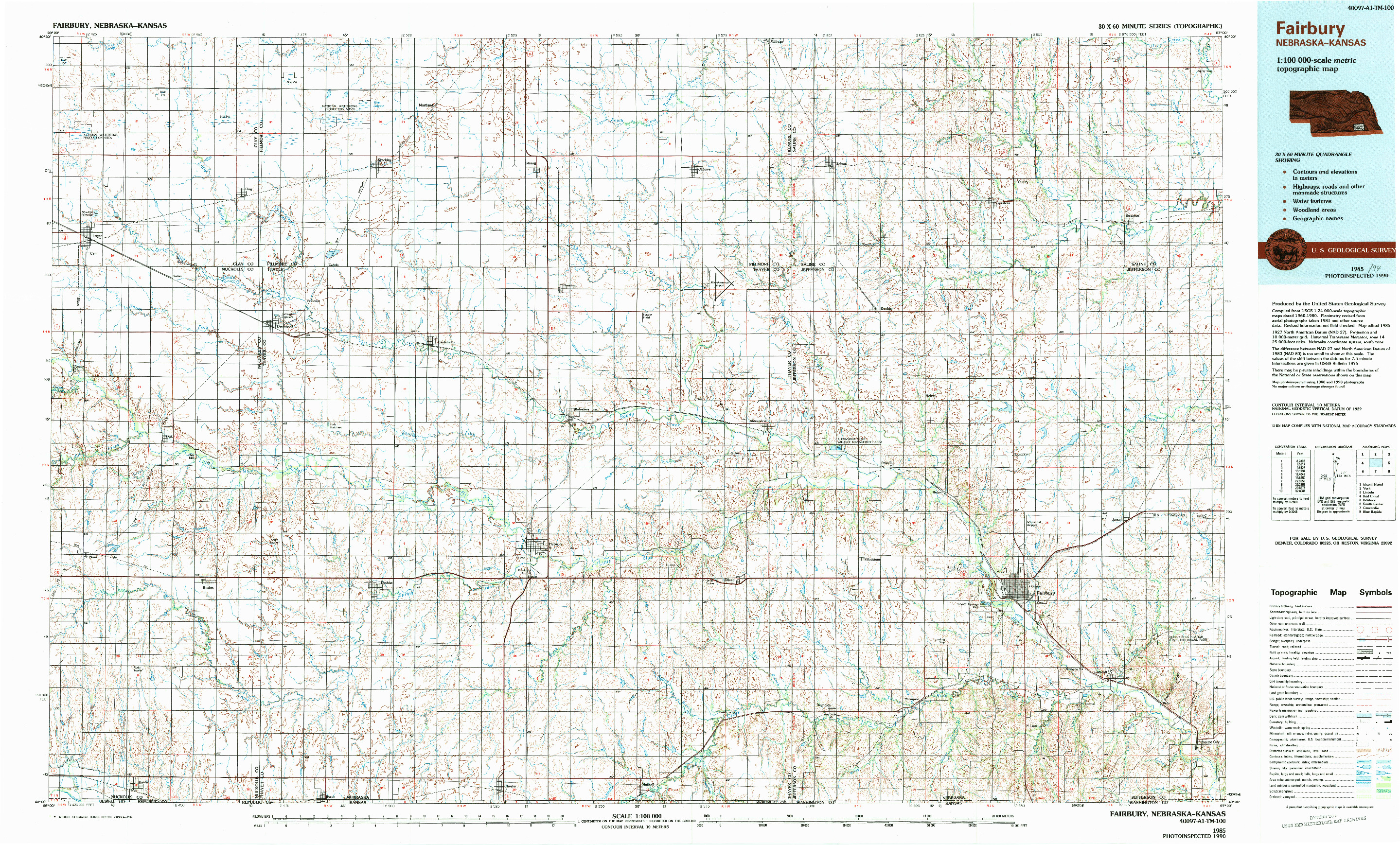 USGS 1:100000-SCALE QUADRANGLE FOR FAIRBURY, NE 1985