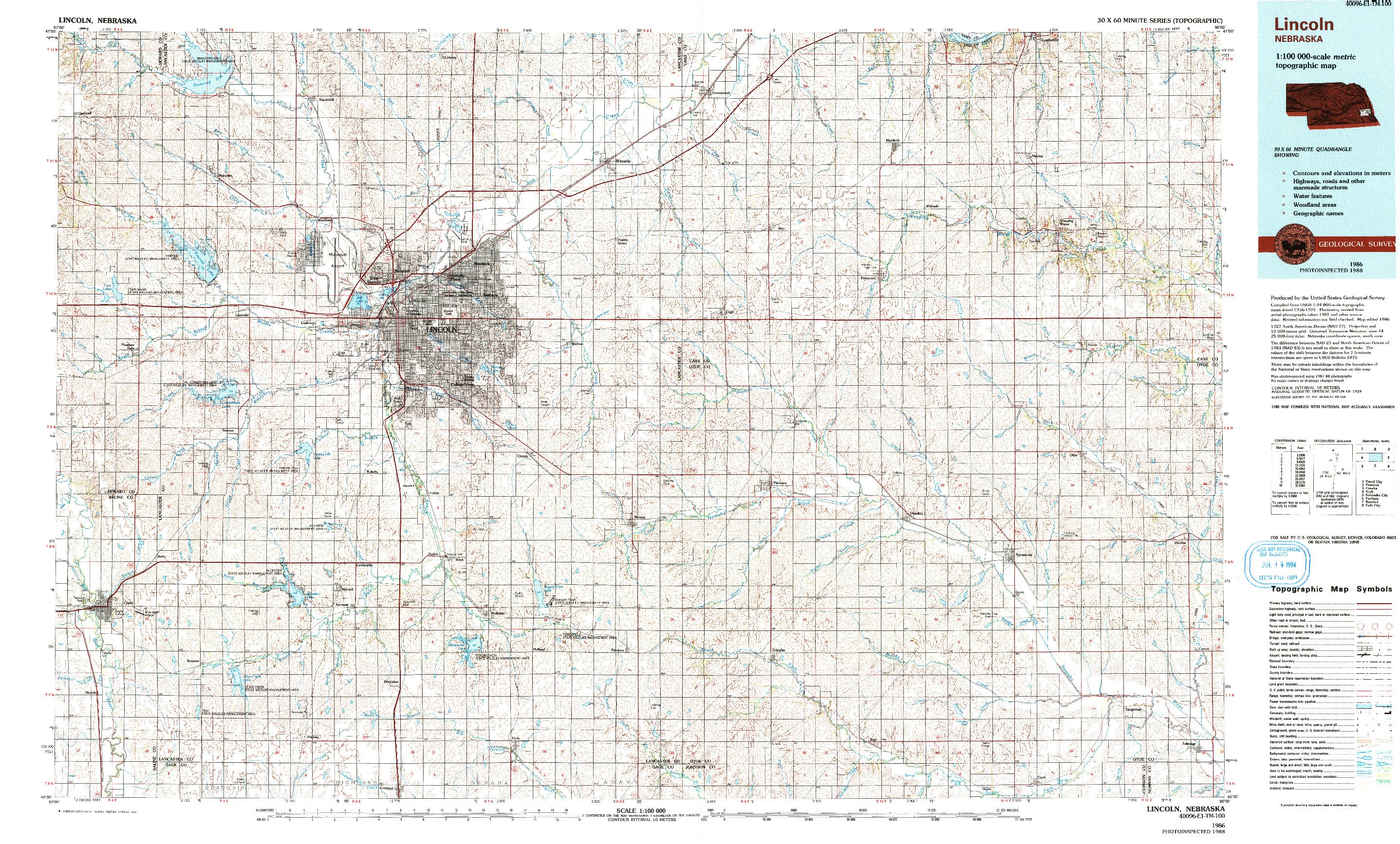 USGS 1:100000-SCALE QUADRANGLE FOR LINCOLN, NE 1986