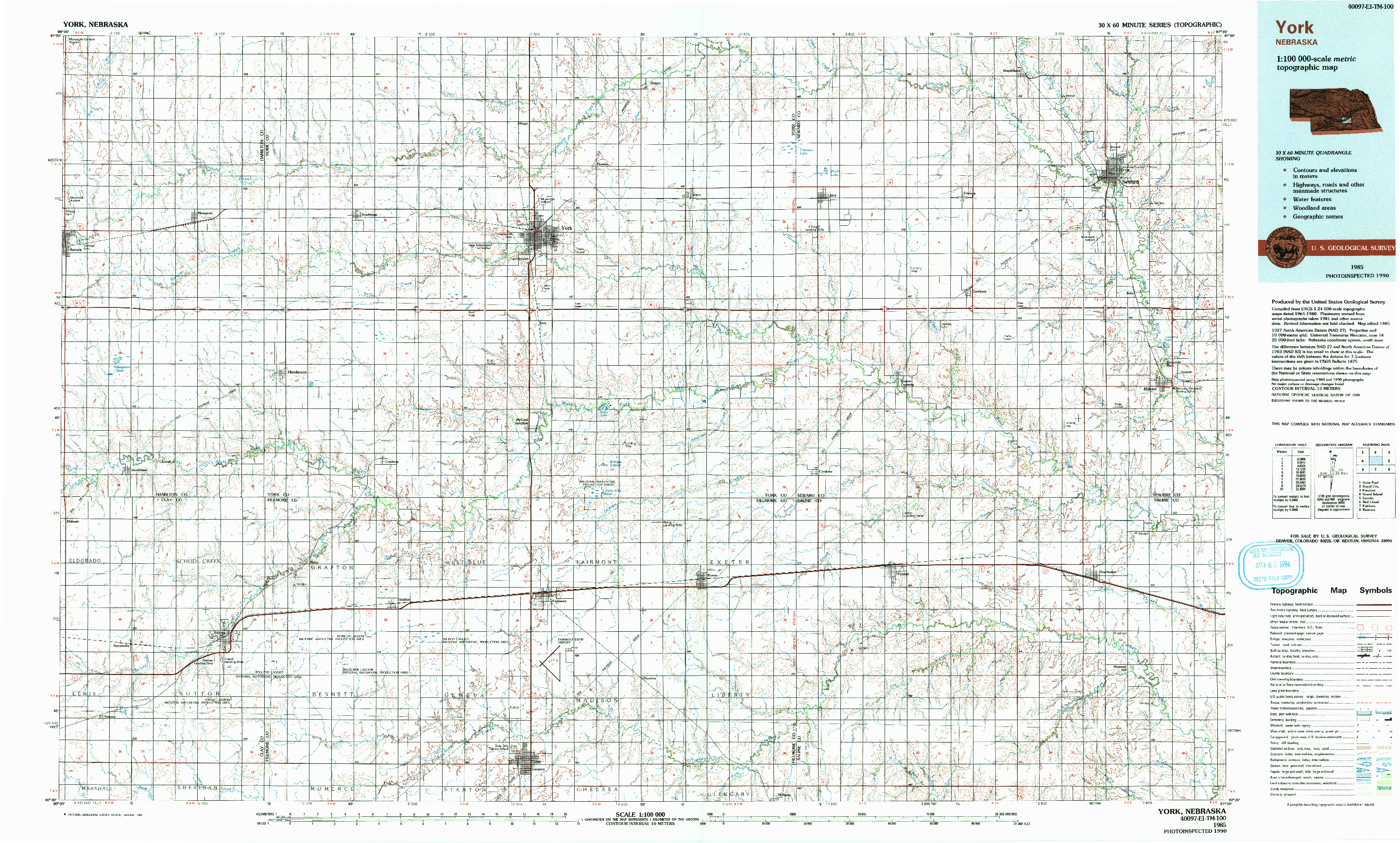 USGS 1:100000-SCALE QUADRANGLE FOR YORK, NE 1985