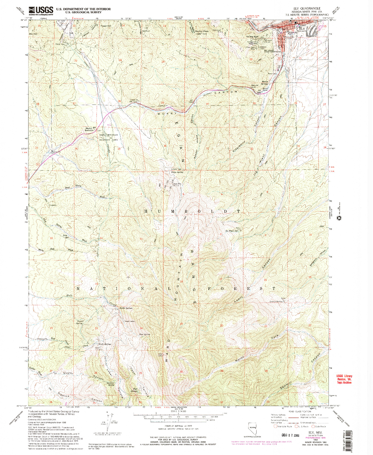 USGS 1:24000-SCALE QUADRANGLE FOR ELY, NV 1958