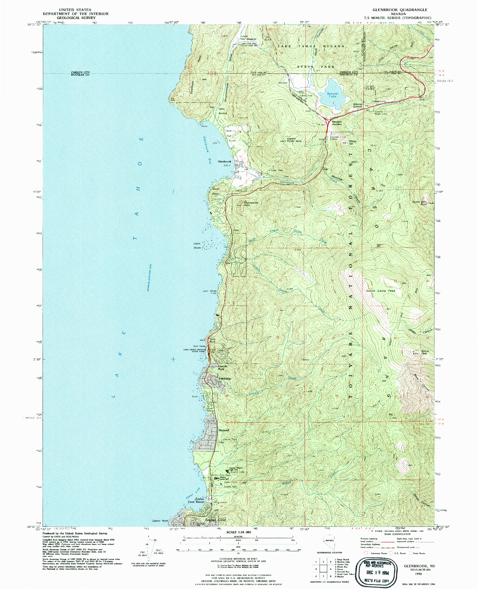 USGS 1:24000-SCALE QUADRANGLE FOR GLENBROOK, NV 1992