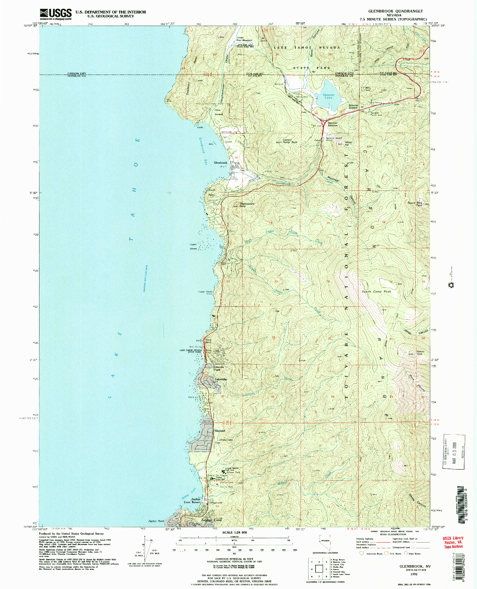 USGS 1:24000-SCALE QUADRANGLE FOR GLENBROOK, NV 1992