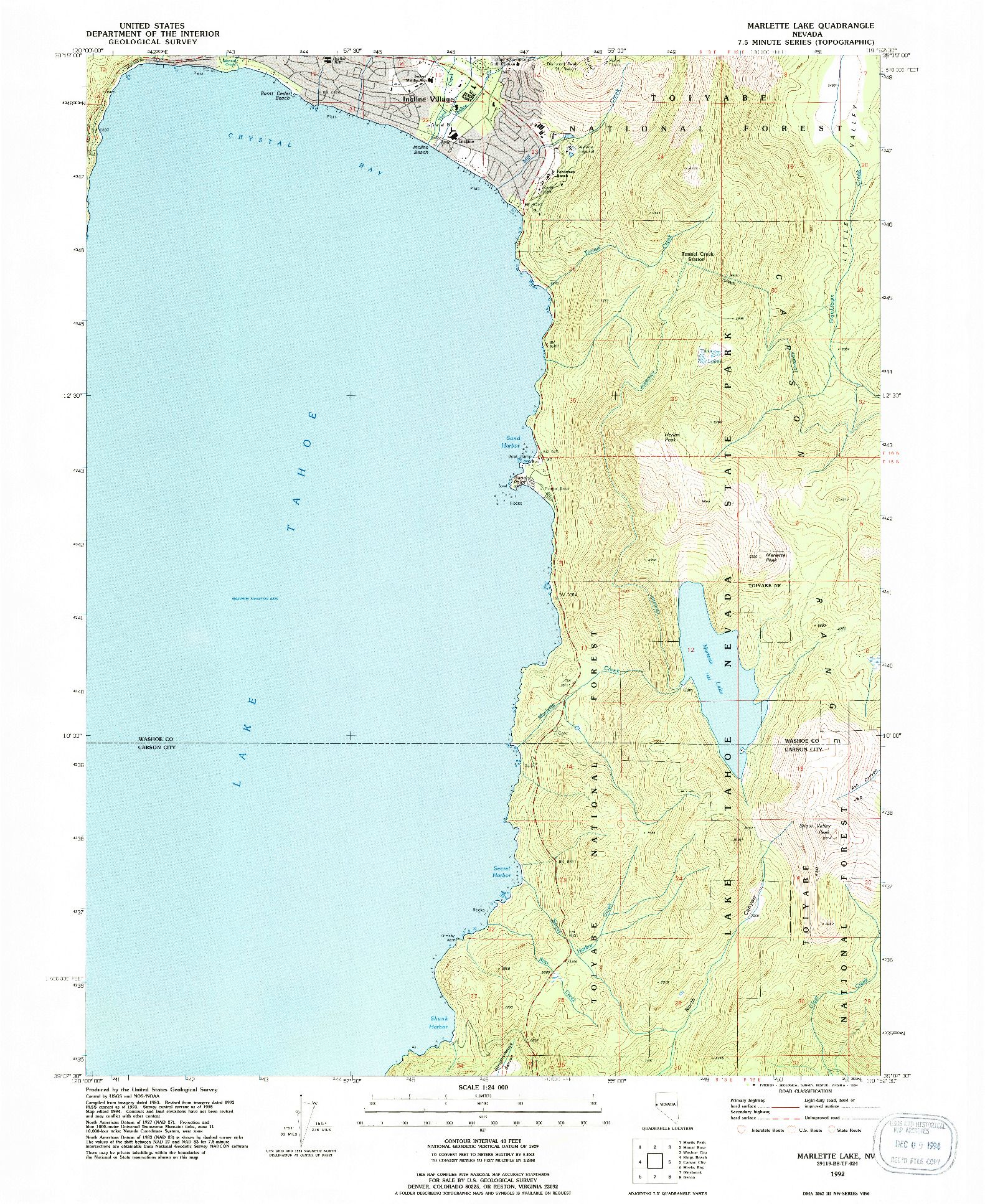 USGS 1:24000-SCALE QUADRANGLE FOR MARLETTE LAKE, NV 1992