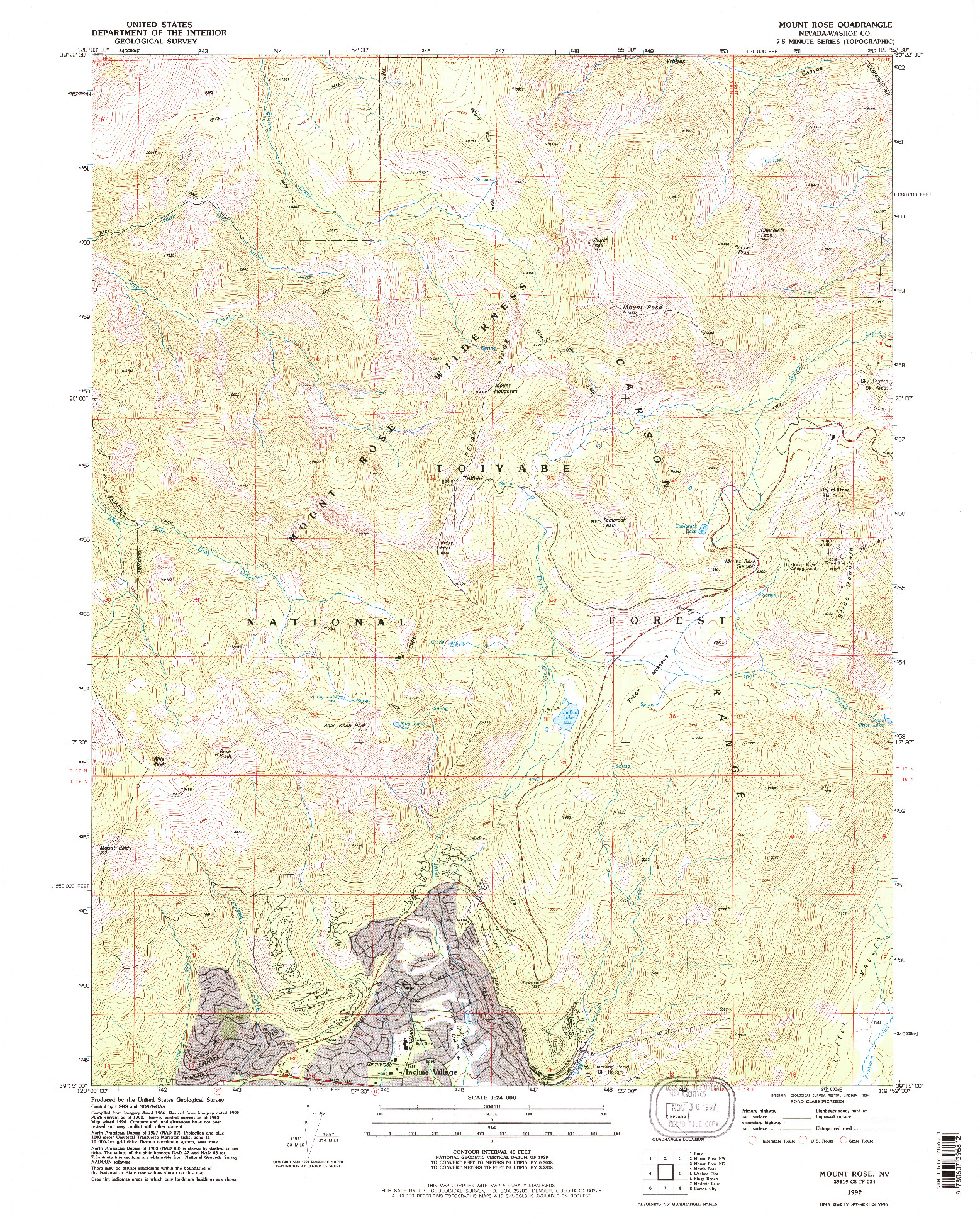 USGS 1:24000-SCALE QUADRANGLE FOR MOUNT ROSE, NV 1992