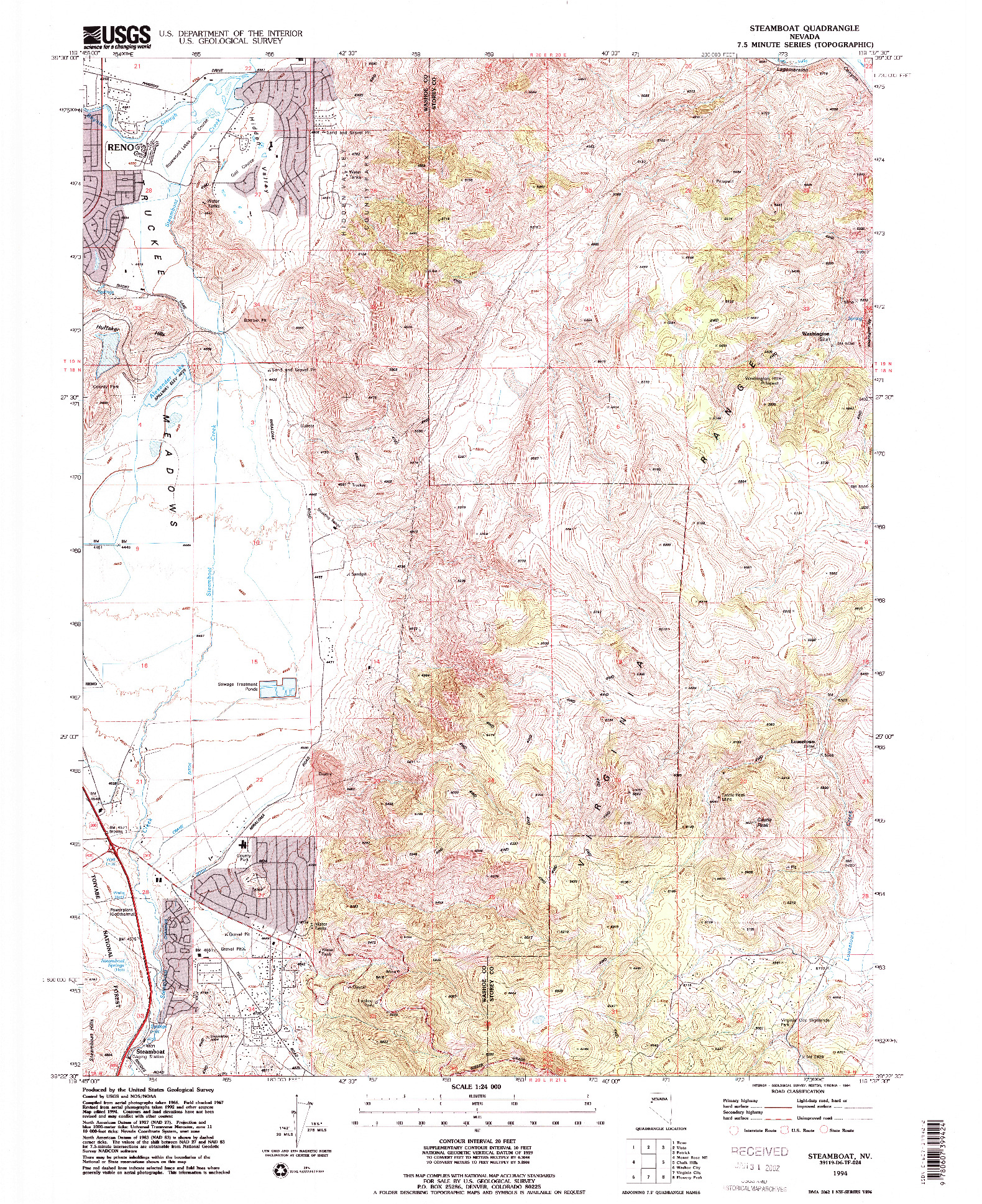 USGS 1:24000-SCALE QUADRANGLE FOR STEAMBOAT, NV 1994