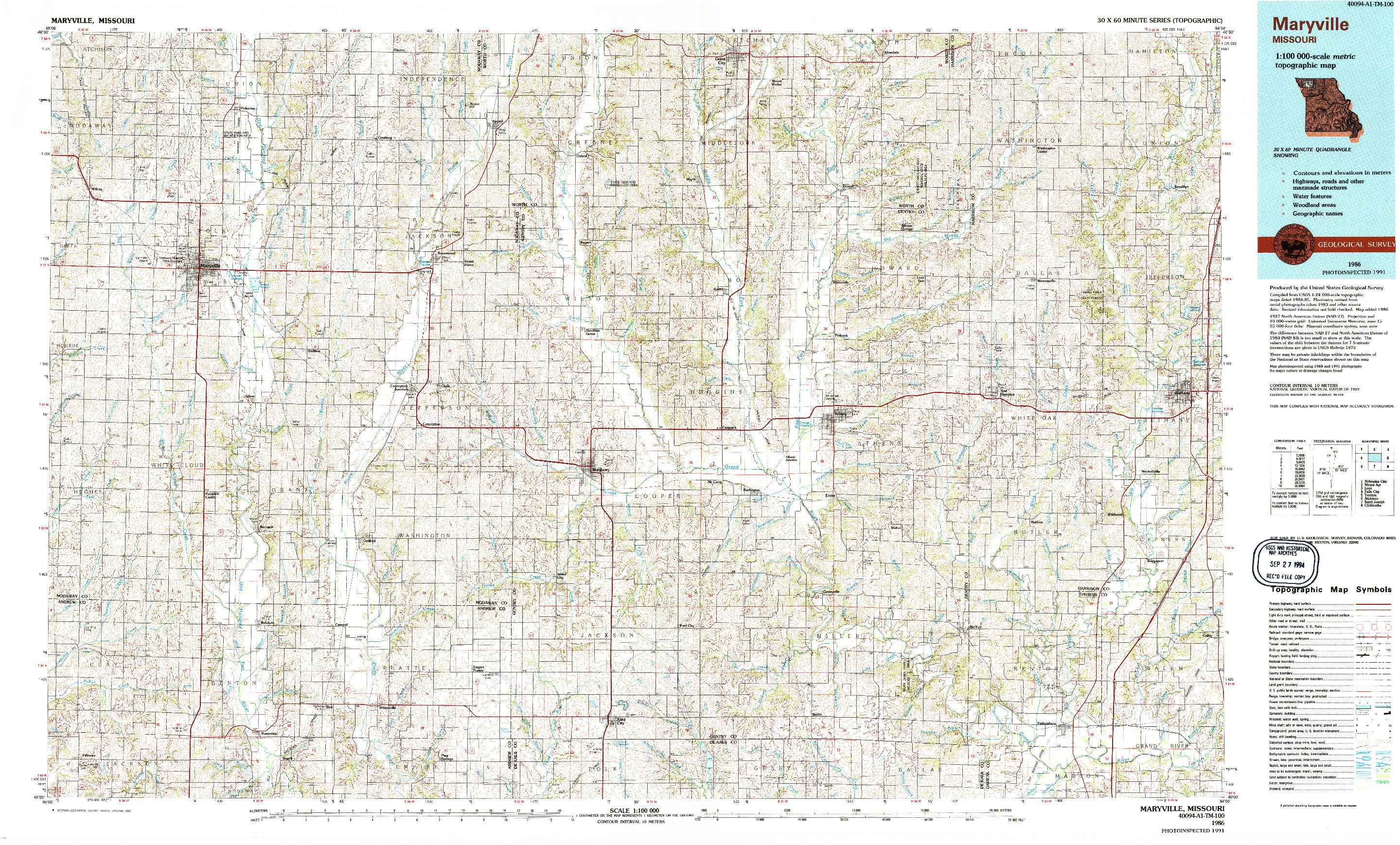 USGS 1:100000-SCALE QUADRANGLE FOR MARYVILLE, MO 1986