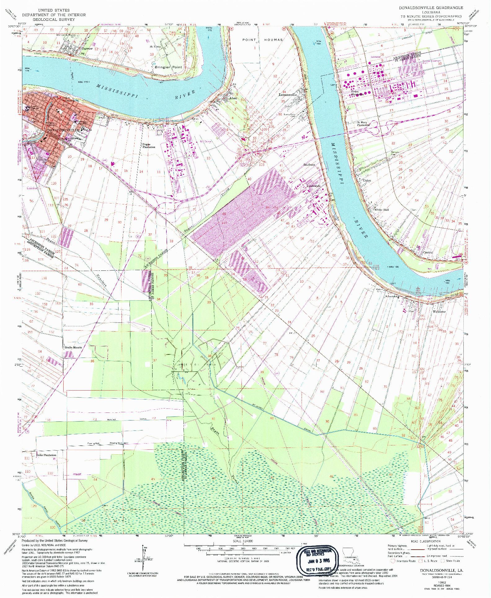 USGS 1:24000-SCALE QUADRANGLE FOR DONALDSONVILLE, LA 1962