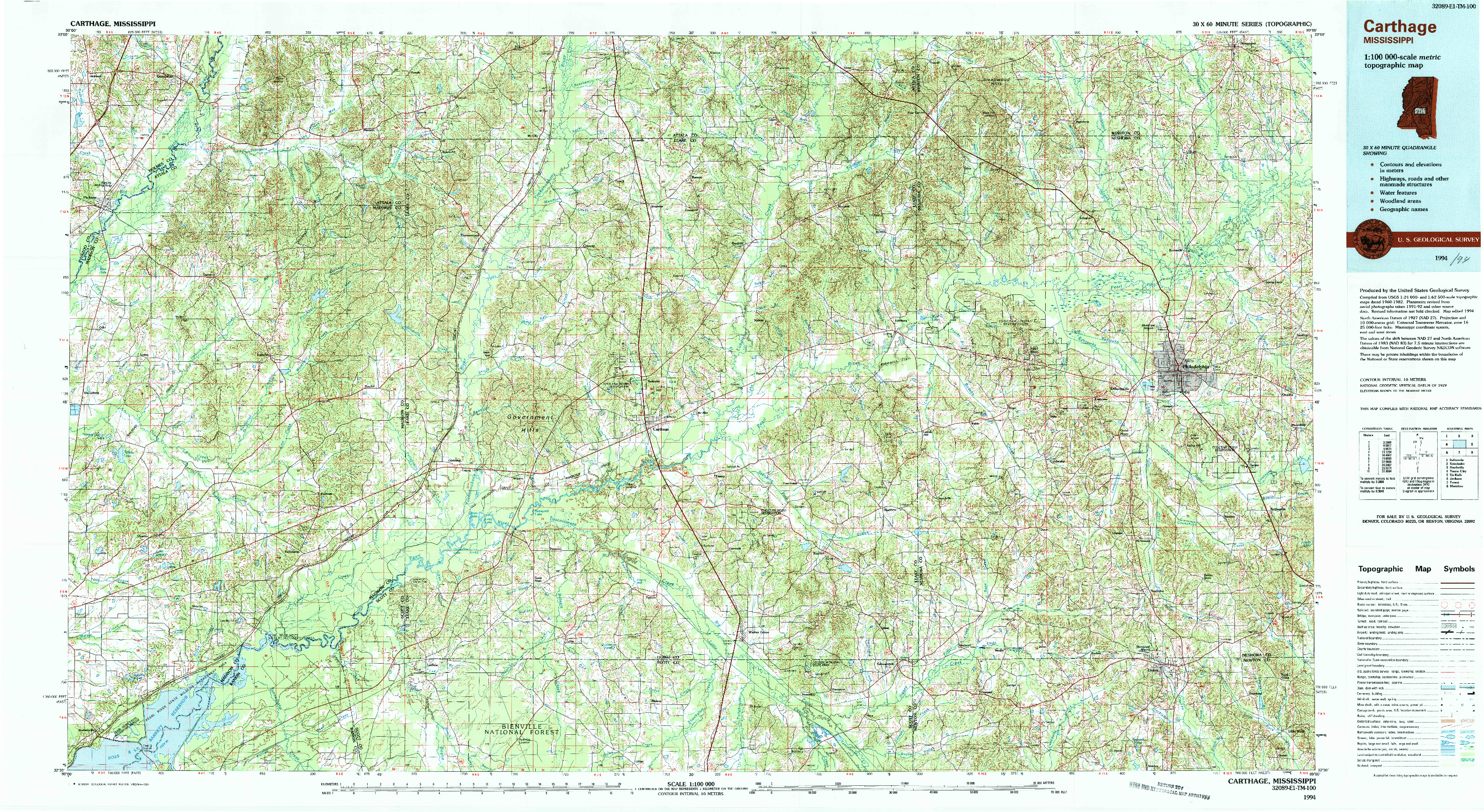 USGS 1:100000-SCALE QUADRANGLE FOR CARTHAGE, MS 1994