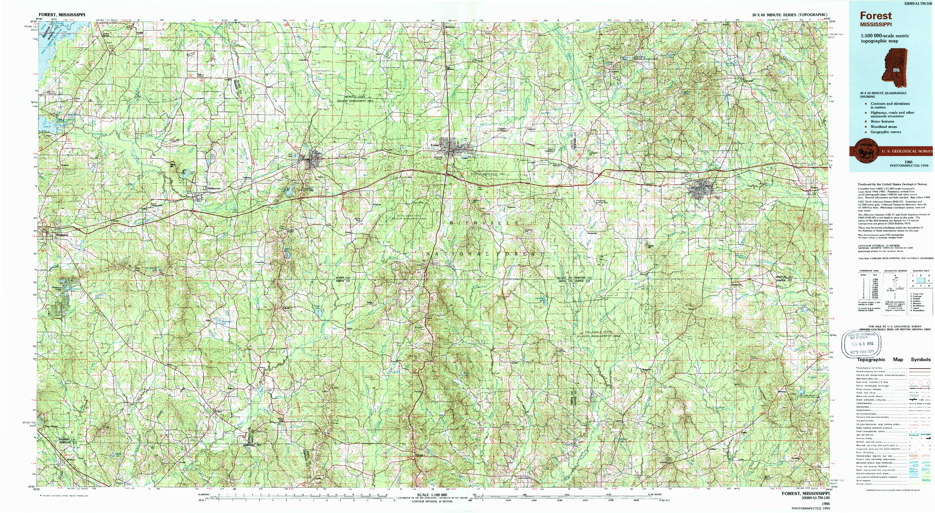 USGS 1:100000-SCALE QUADRANGLE FOR FOREST, MS 1984