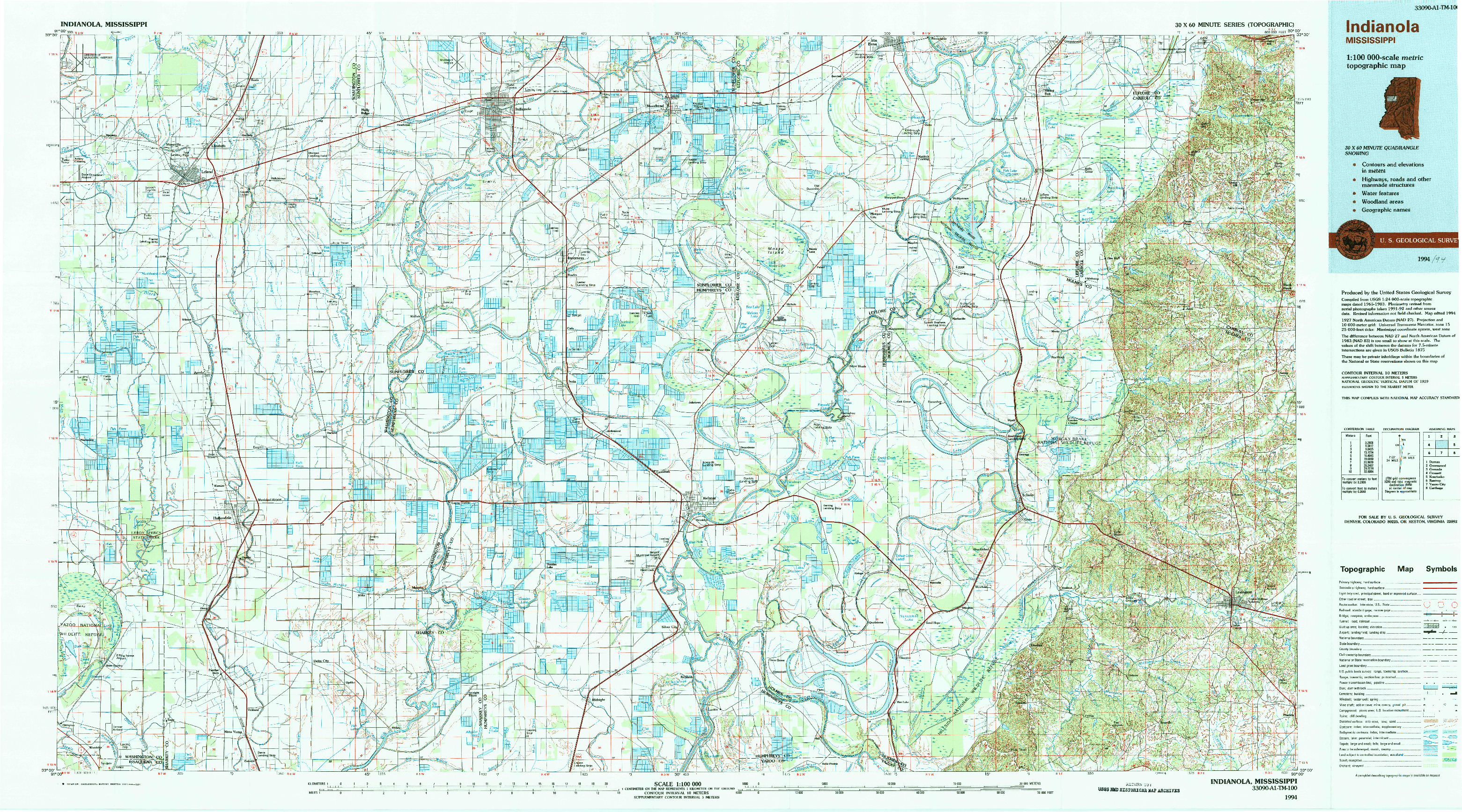 USGS 1:100000-SCALE QUADRANGLE FOR INDIANOLA, MS 1994