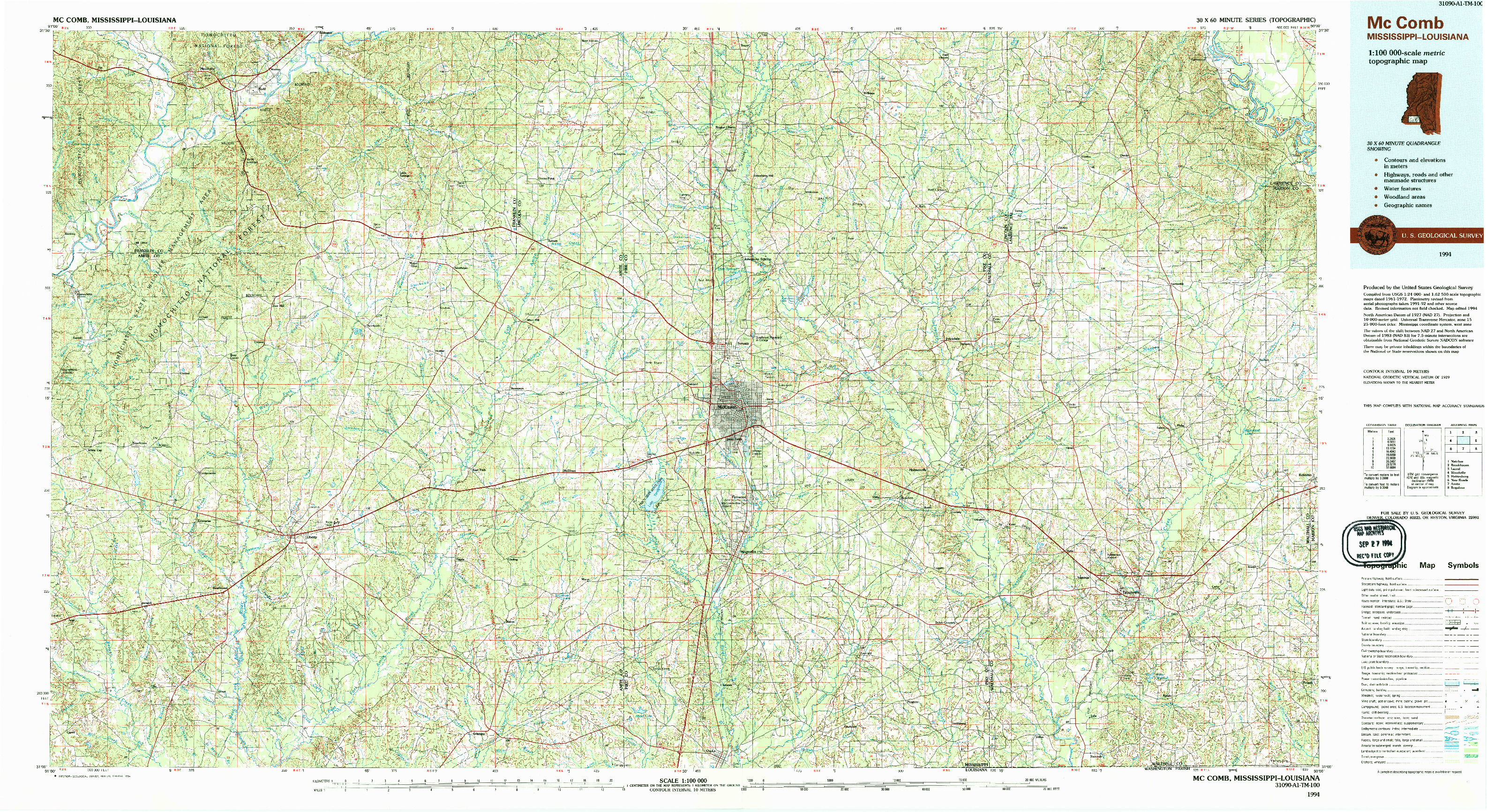 USGS 1:100000-SCALE QUADRANGLE FOR MCCOMB, MS 1994