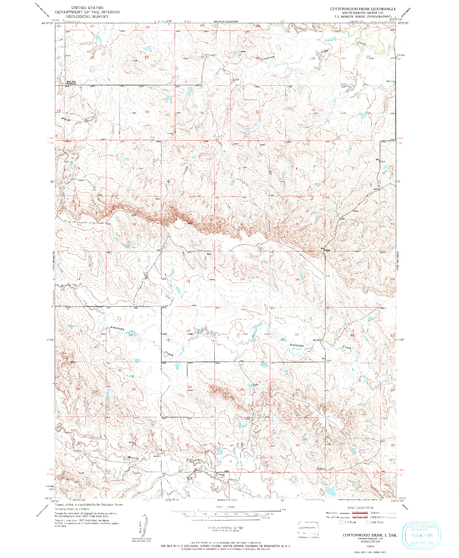 USGS 1:24000-SCALE QUADRANGLE FOR COTTONWOOD DRAW, SD 1953