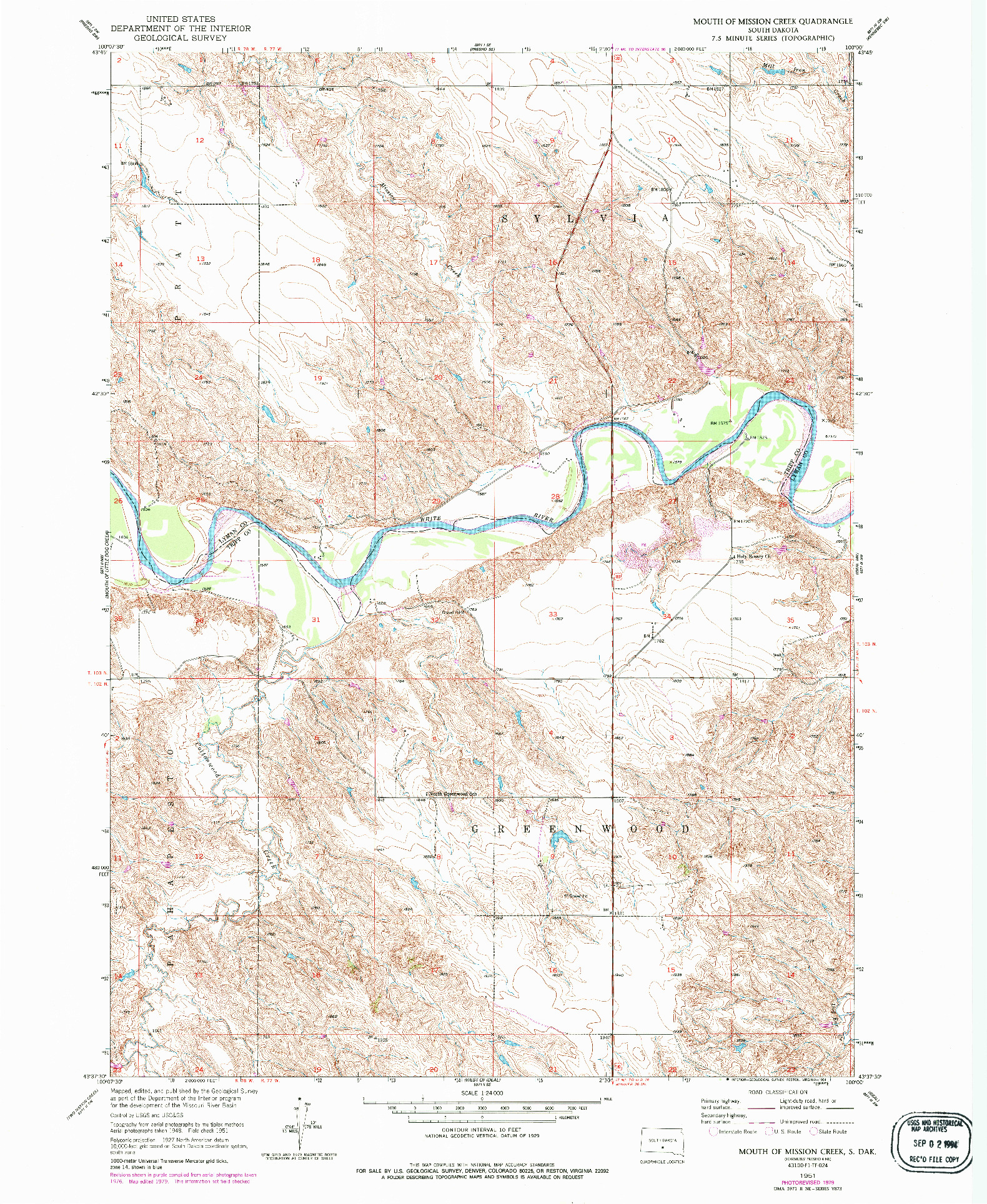 USGS 1:24000-SCALE QUADRANGLE FOR MOUTH OF MISSION CREEK, SD 1951