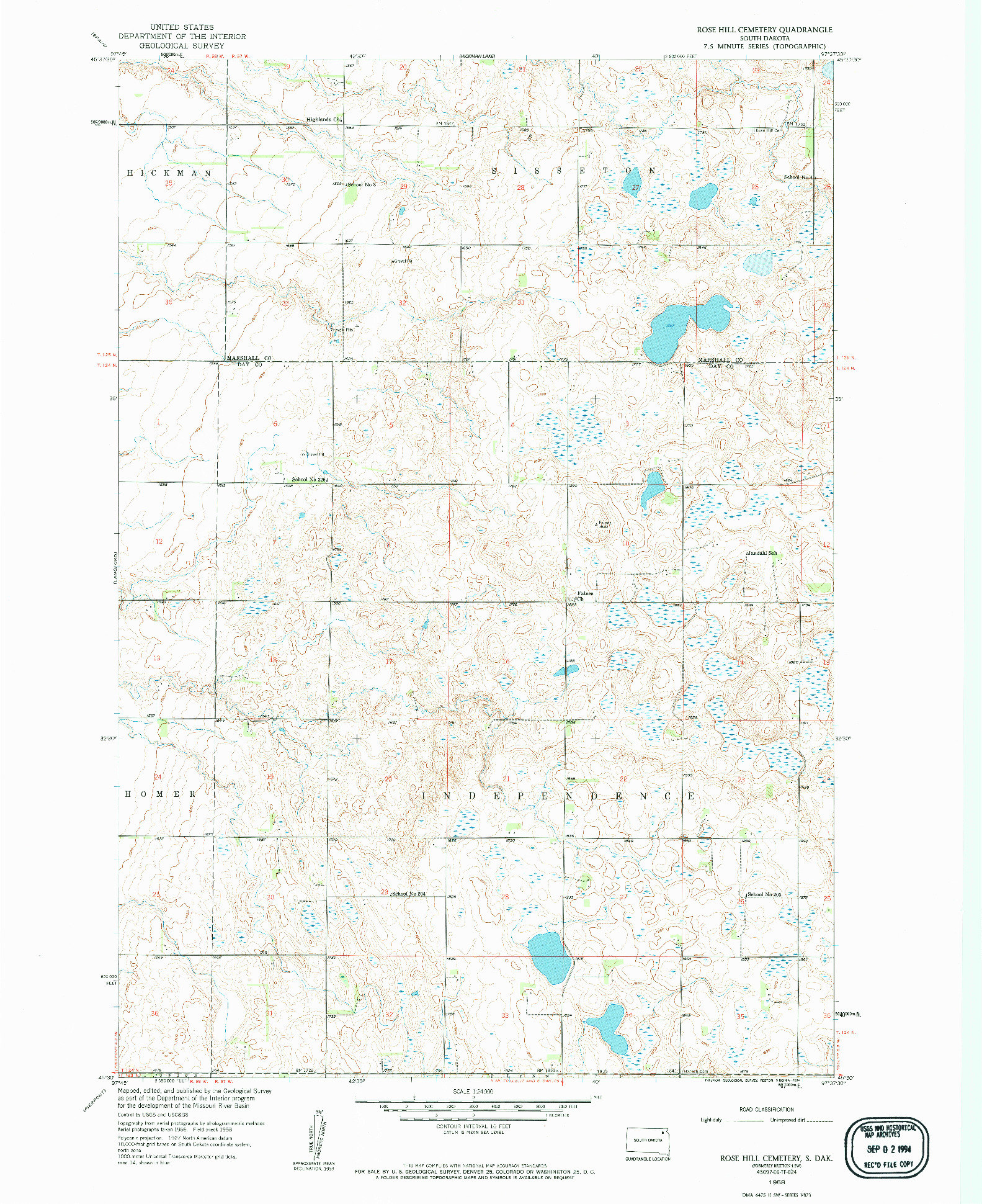 USGS 1:24000-SCALE QUADRANGLE FOR ROSE HILL CEMETERY, SD 1958