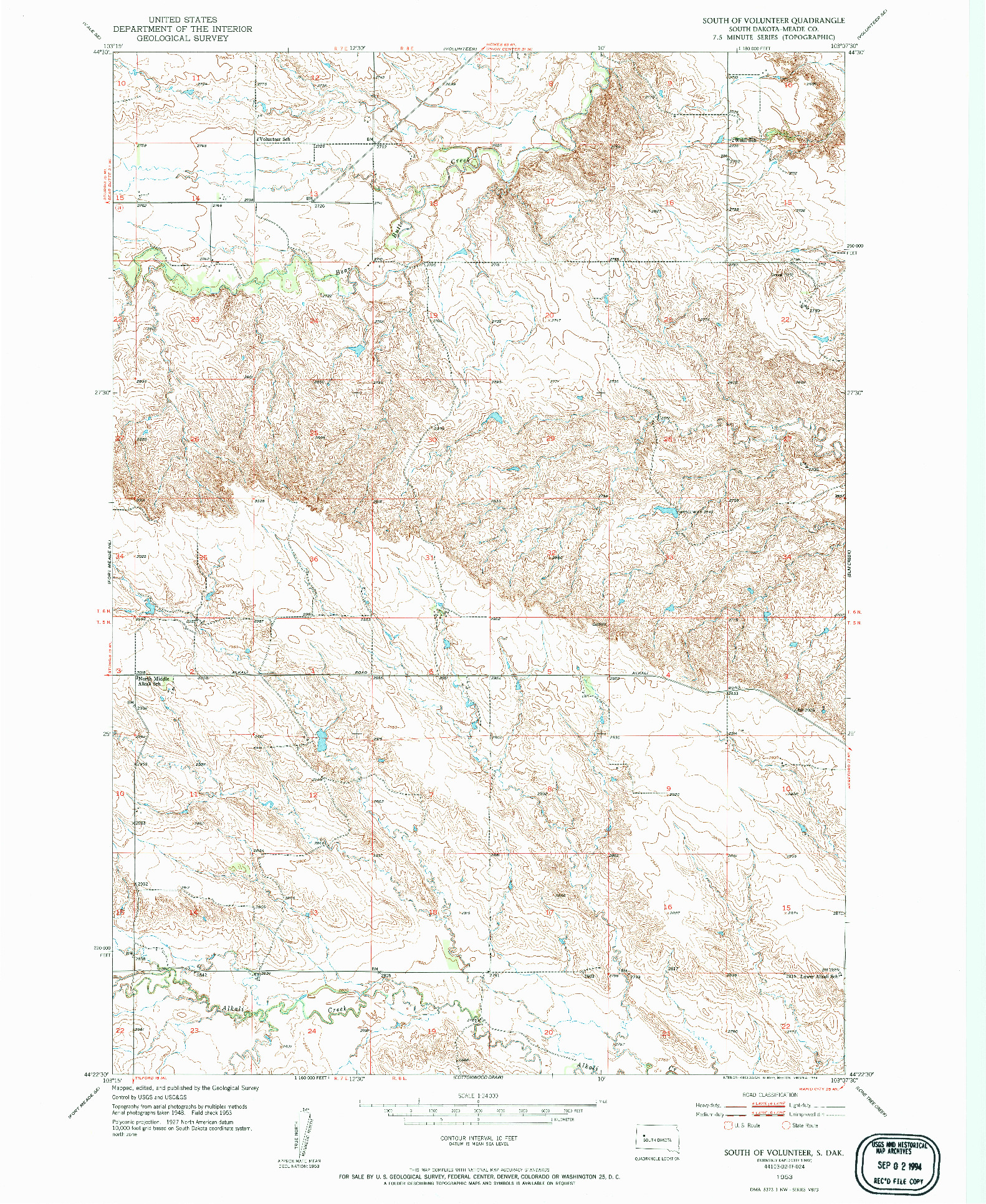 USGS 1:24000-SCALE QUADRANGLE FOR SOUTH OF VOLUNTEER, SD 1953