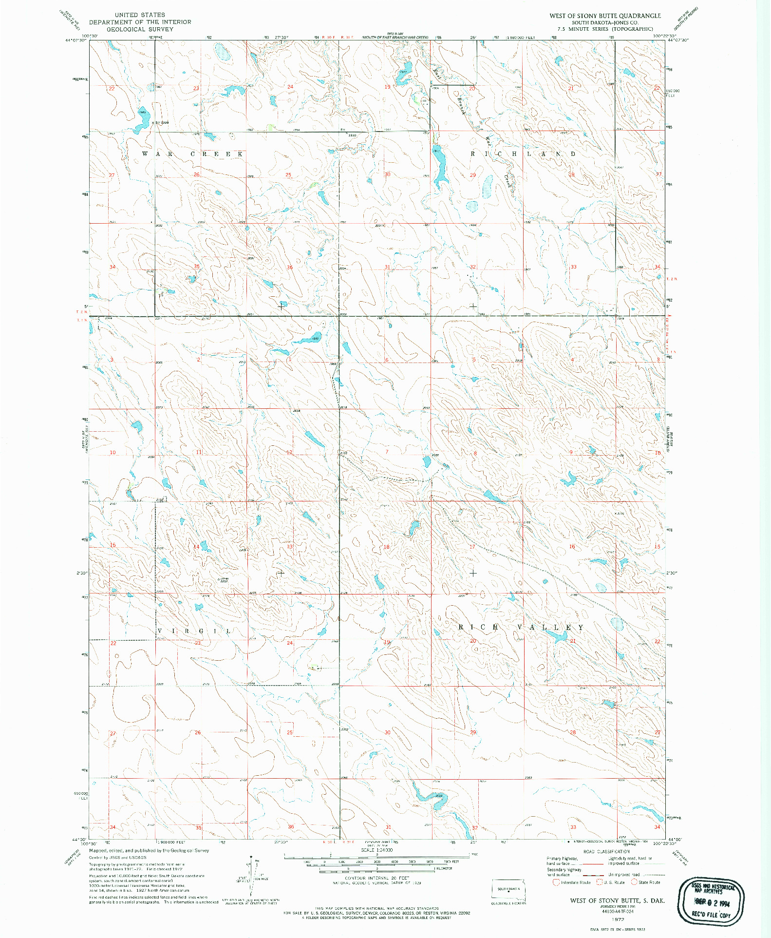 USGS 1:24000-SCALE QUADRANGLE FOR WEST OF STONY BUTTE, SD 1972