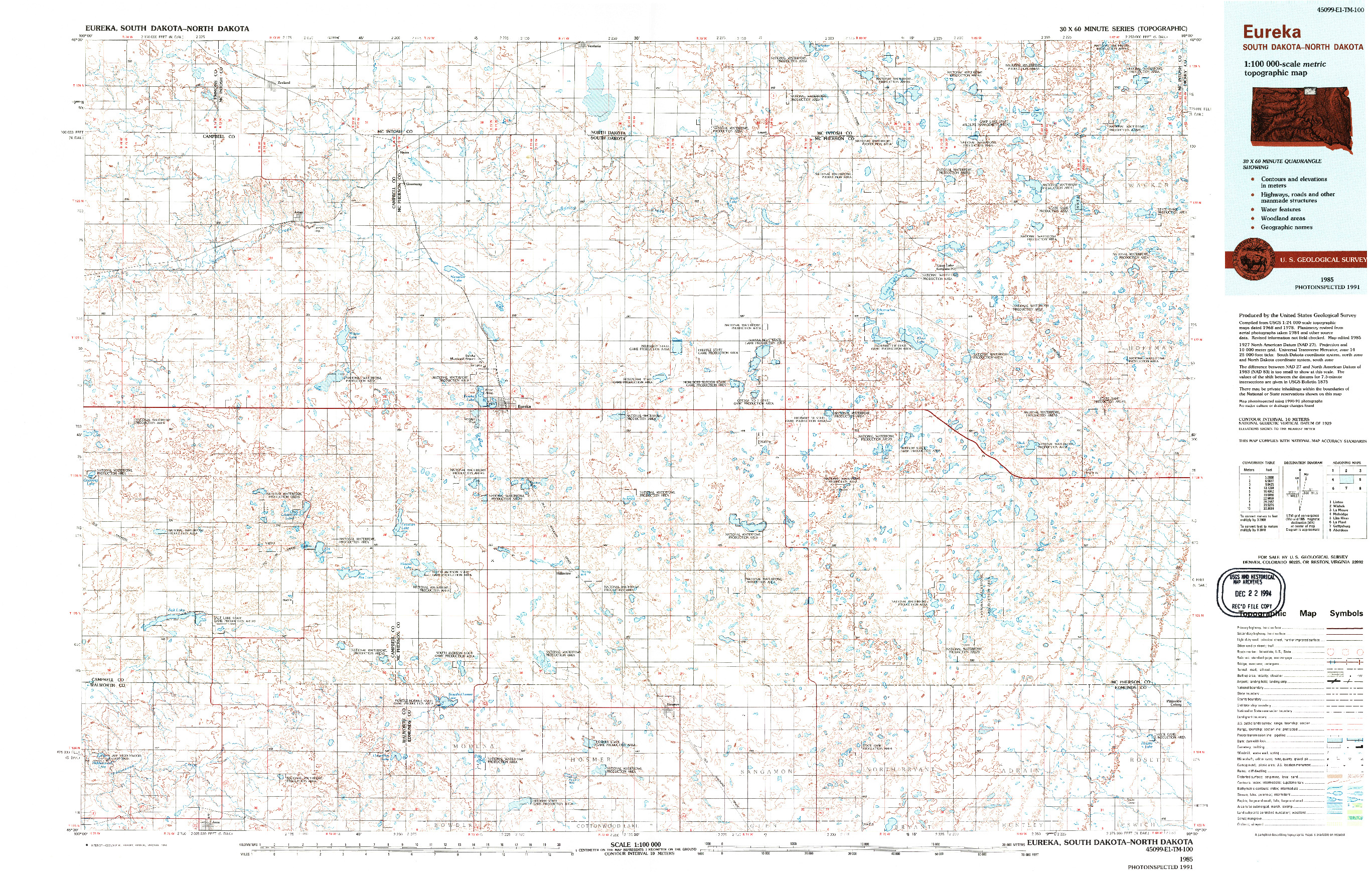 USGS 1:100000-SCALE QUADRANGLE FOR EUREKA, SD 1985