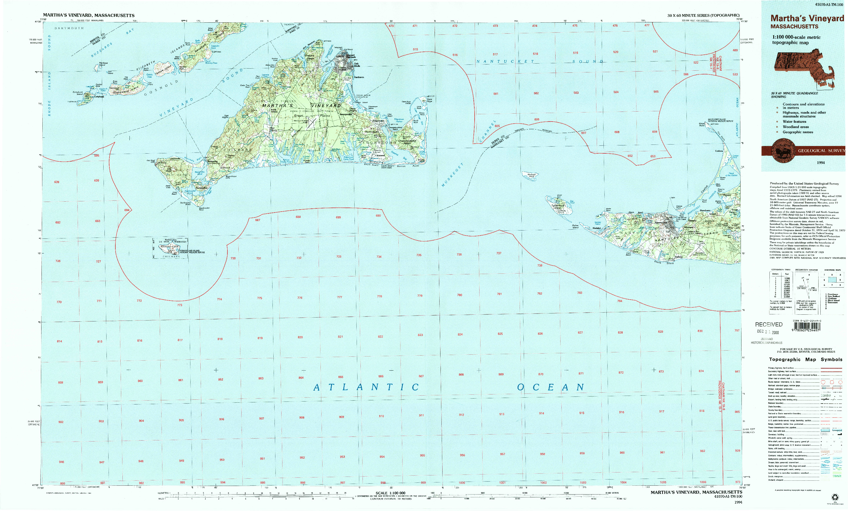 USGS 1:100000-SCALE QUADRANGLE FOR MARTHA'S VINEYARD, MA 1994