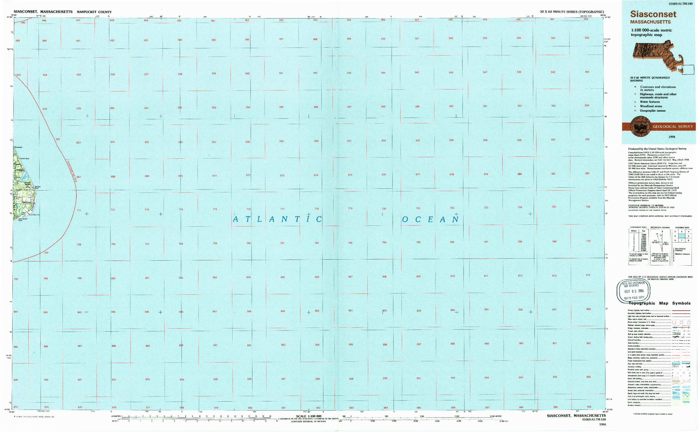 USGS 1:100000-SCALE QUADRANGLE FOR SIASCONSET, MA 1994