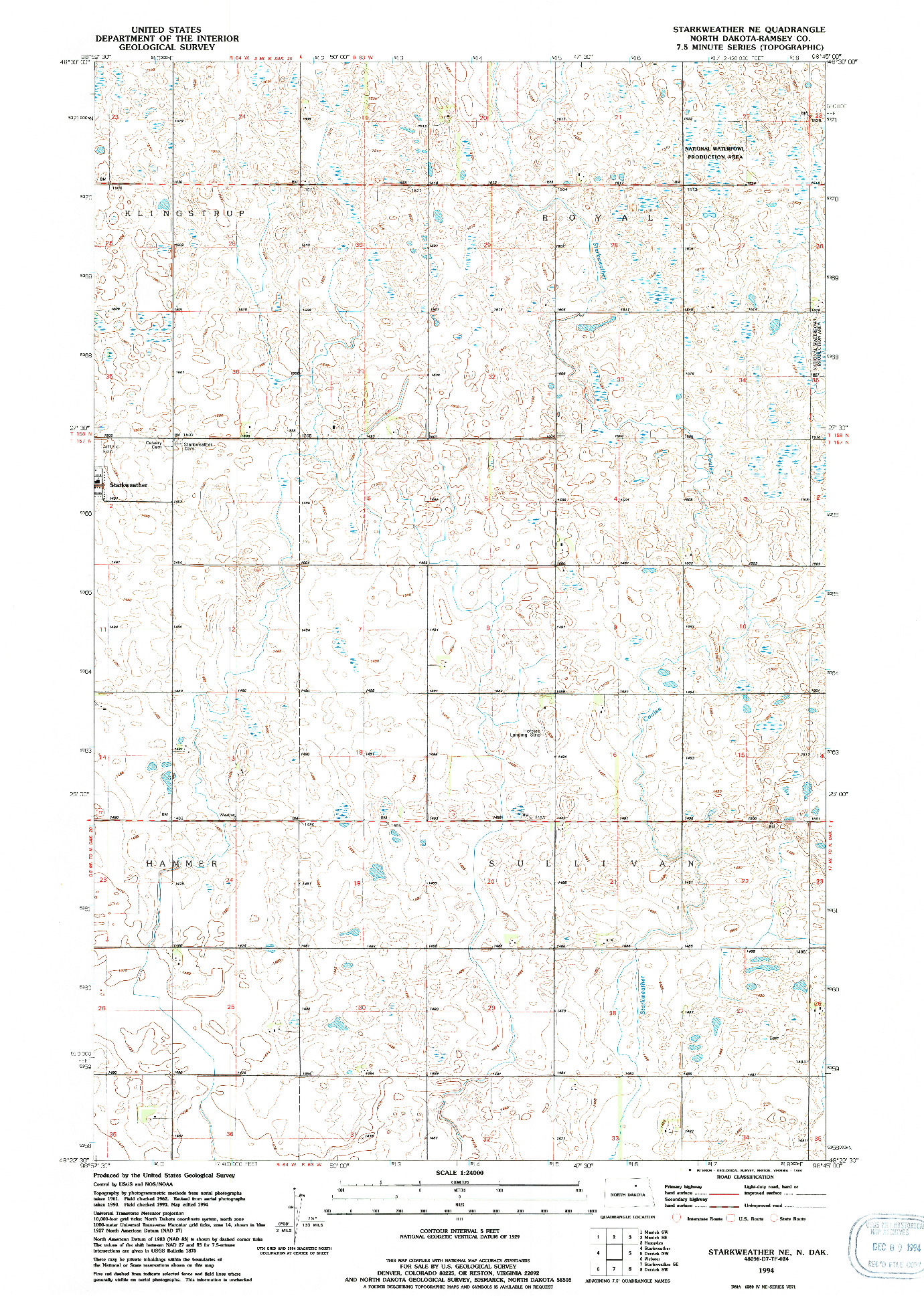 USGS 1:24000-SCALE QUADRANGLE FOR STARKWEATHER NE, ND 1994