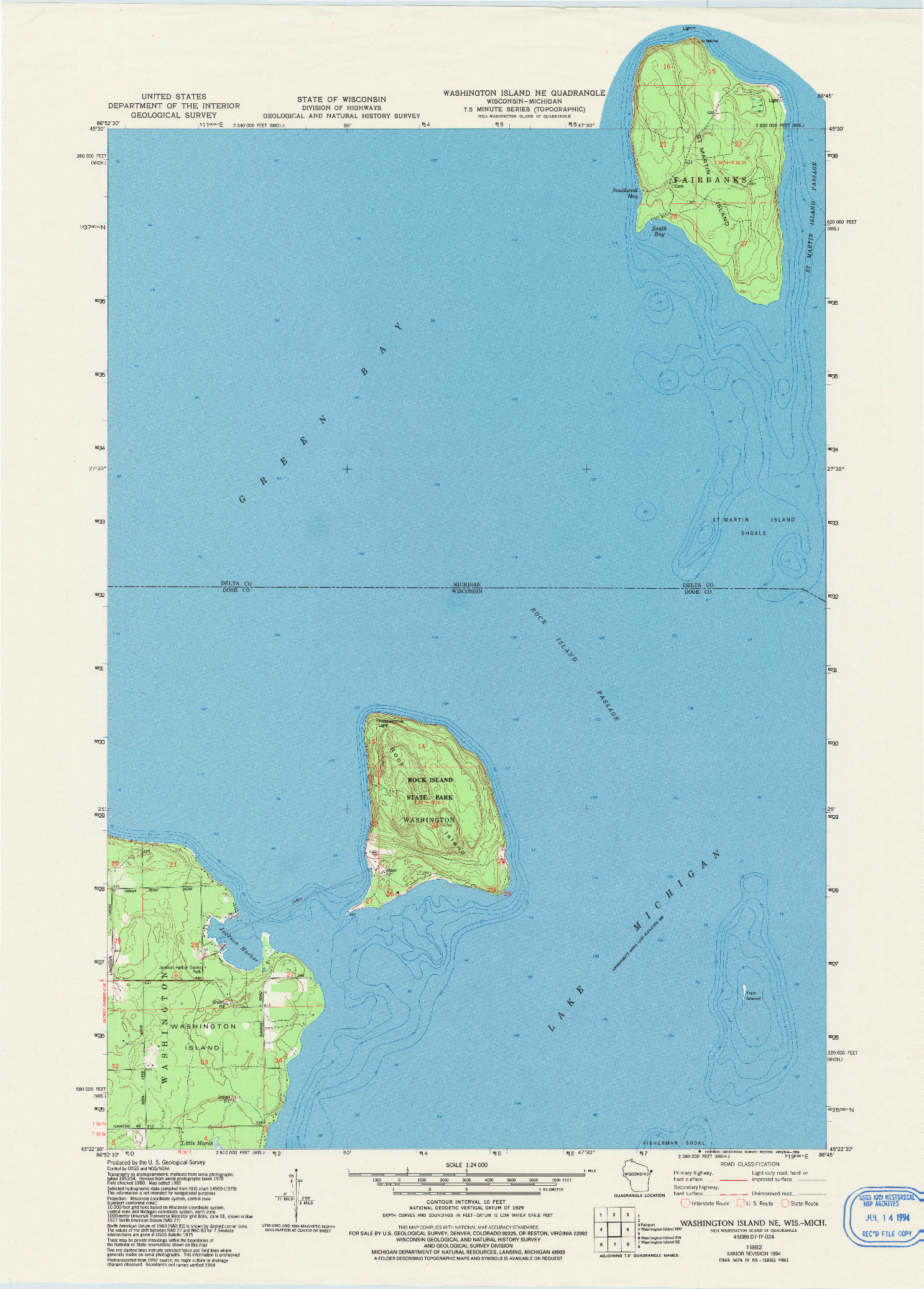 USGS 1:24000-SCALE QUADRANGLE FOR WASHINGTON ISLAND NE, WI 1982