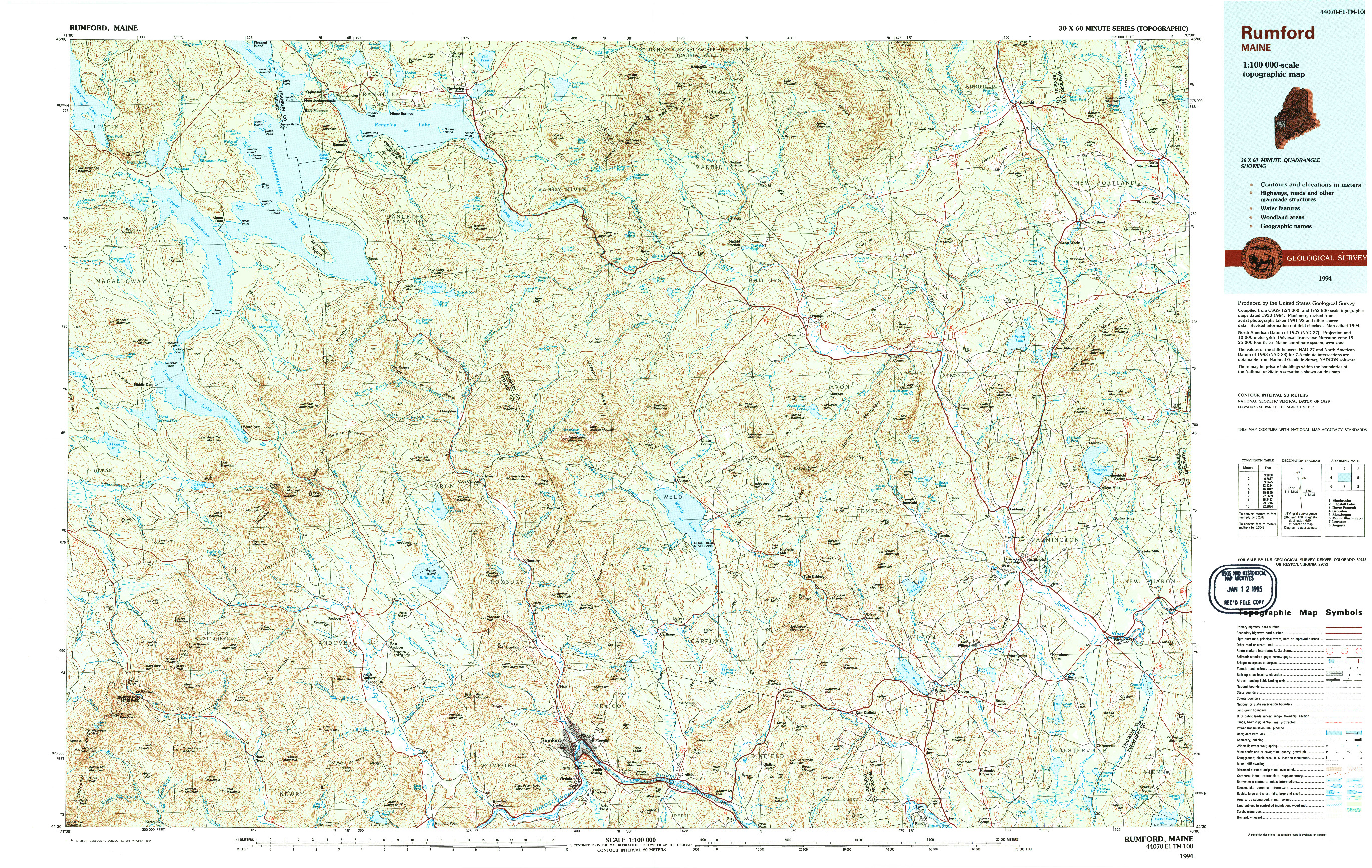 USGS 1:100000-SCALE QUADRANGLE FOR RUMFORD, ME 1994