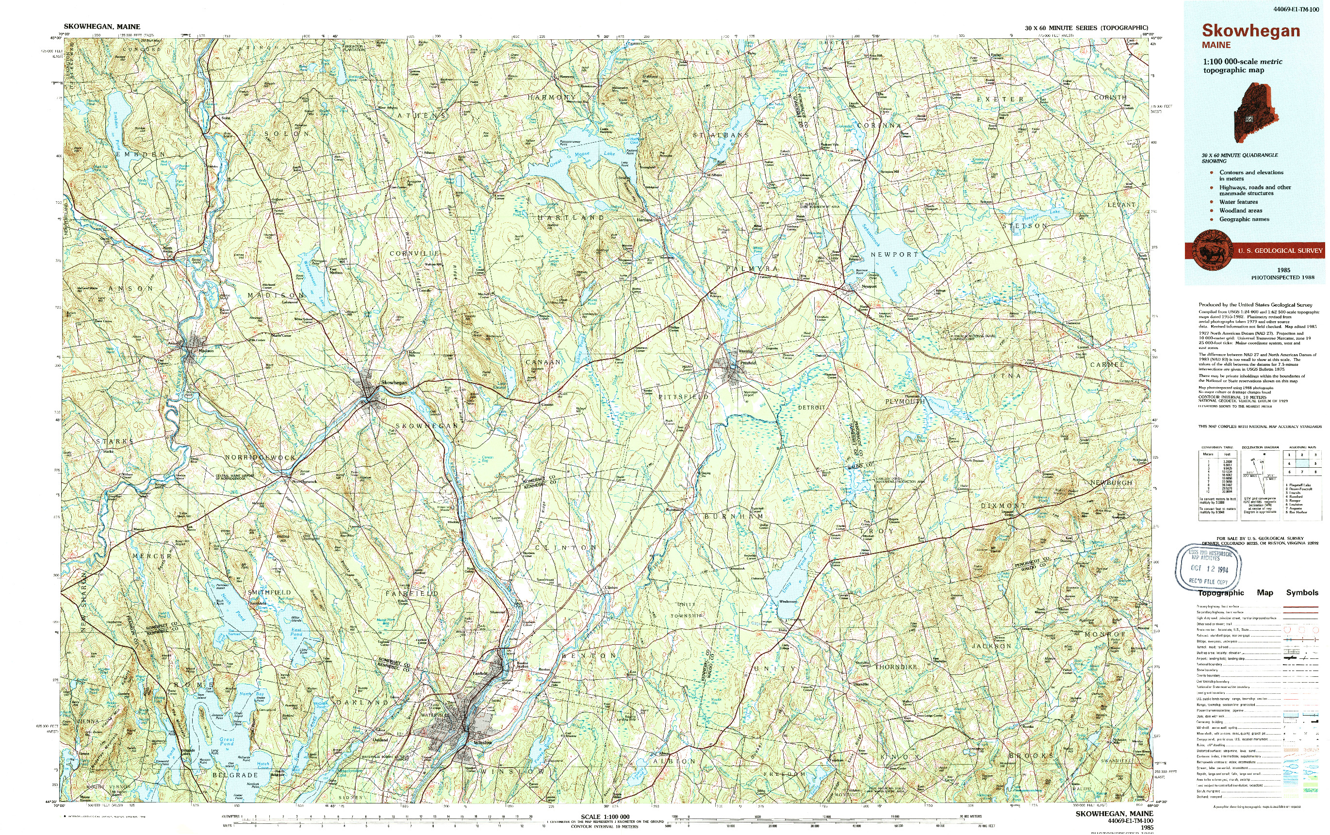 USGS 1:100000-SCALE QUADRANGLE FOR SKOWHEGAN, ME 1985