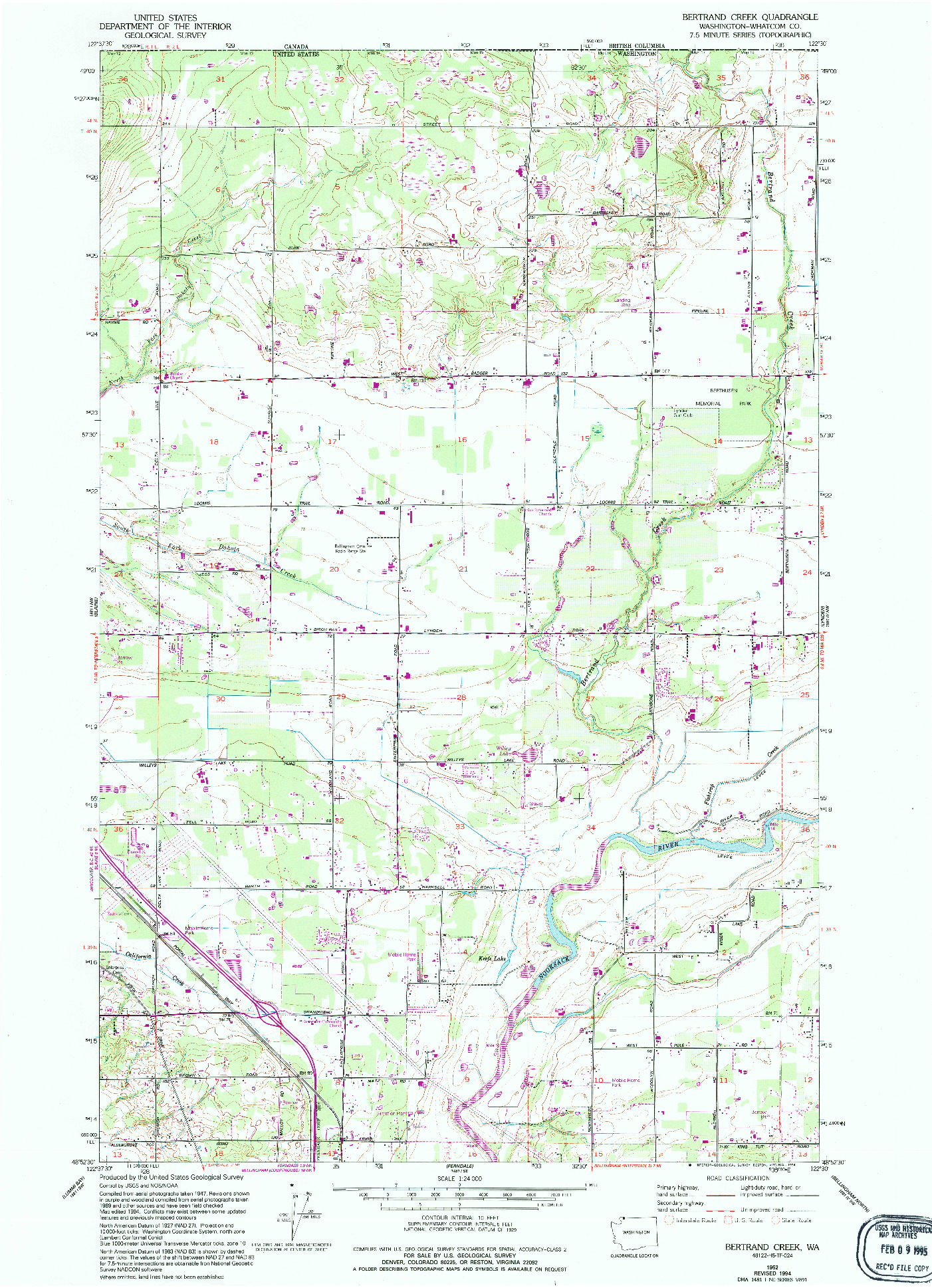 USGS 1:24000-SCALE QUADRANGLE FOR BERTRAND CREEK, WA 1952