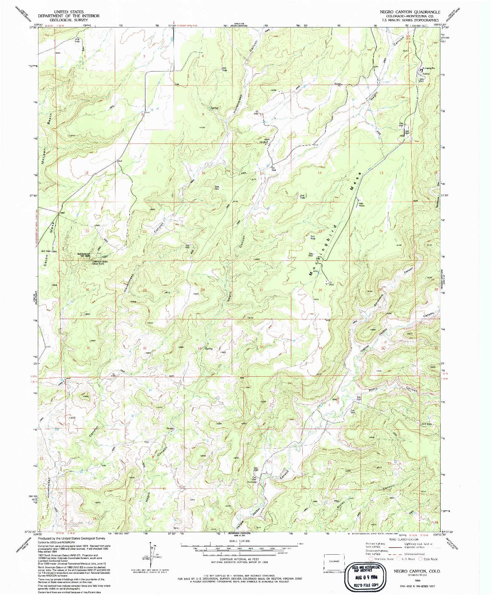 USGS 1:24000-SCALE QUADRANGLE FOR NEGRO CANYON, CO 1994