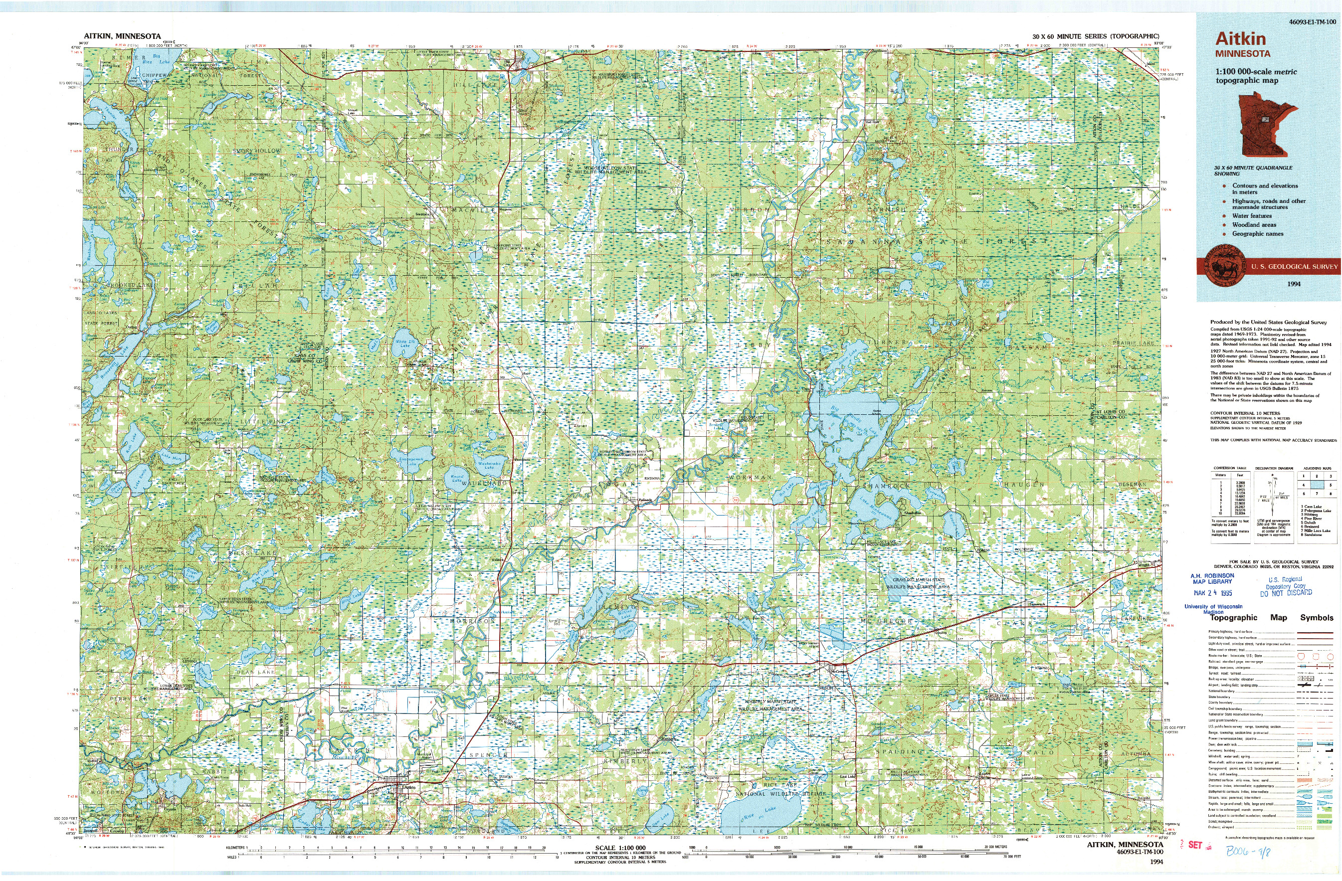USGS 1:100000-SCALE QUADRANGLE FOR AITKIN, MN 1994