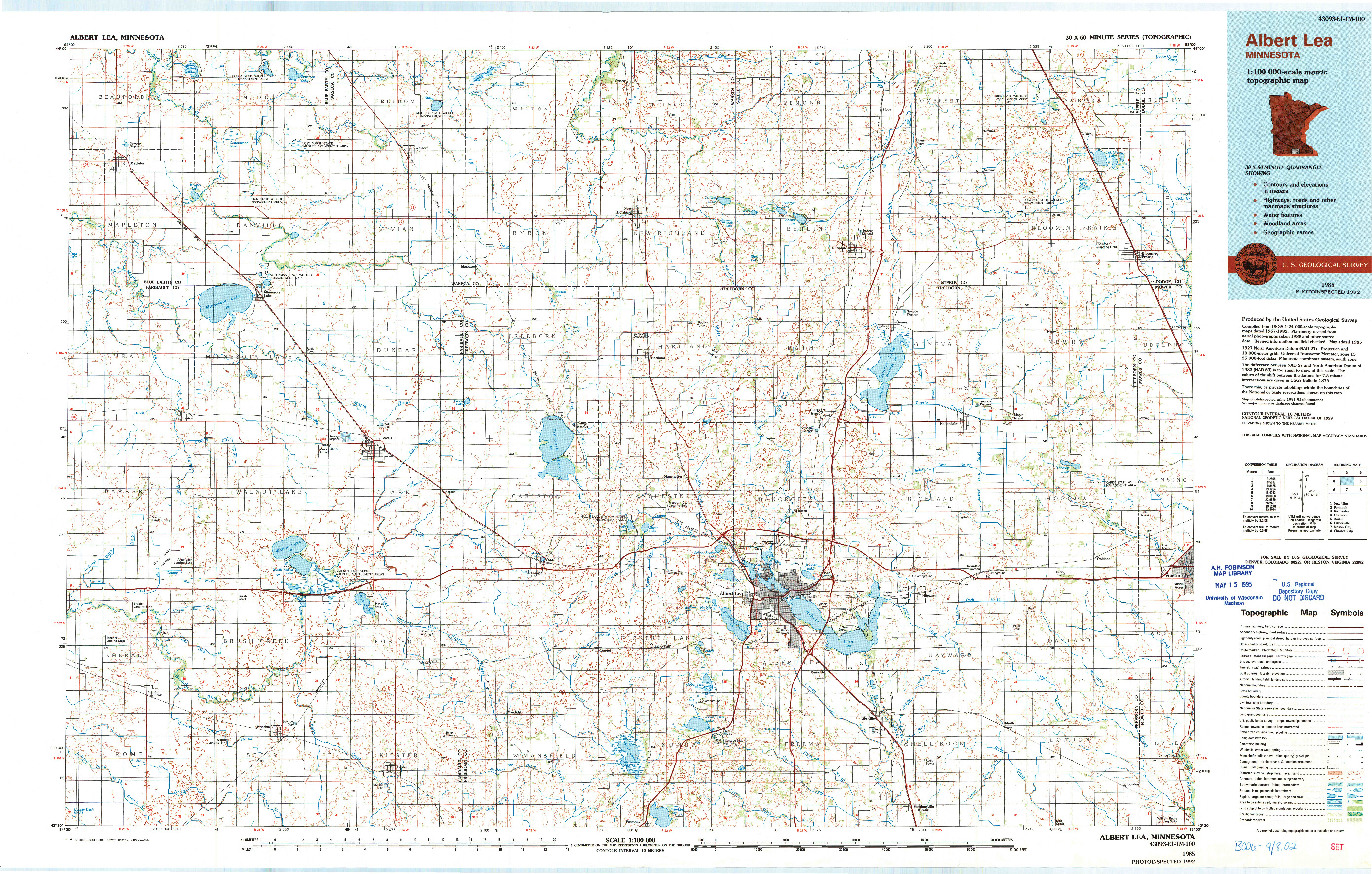 USGS 1:100000-SCALE QUADRANGLE FOR ALBERT LEA, MN 1985