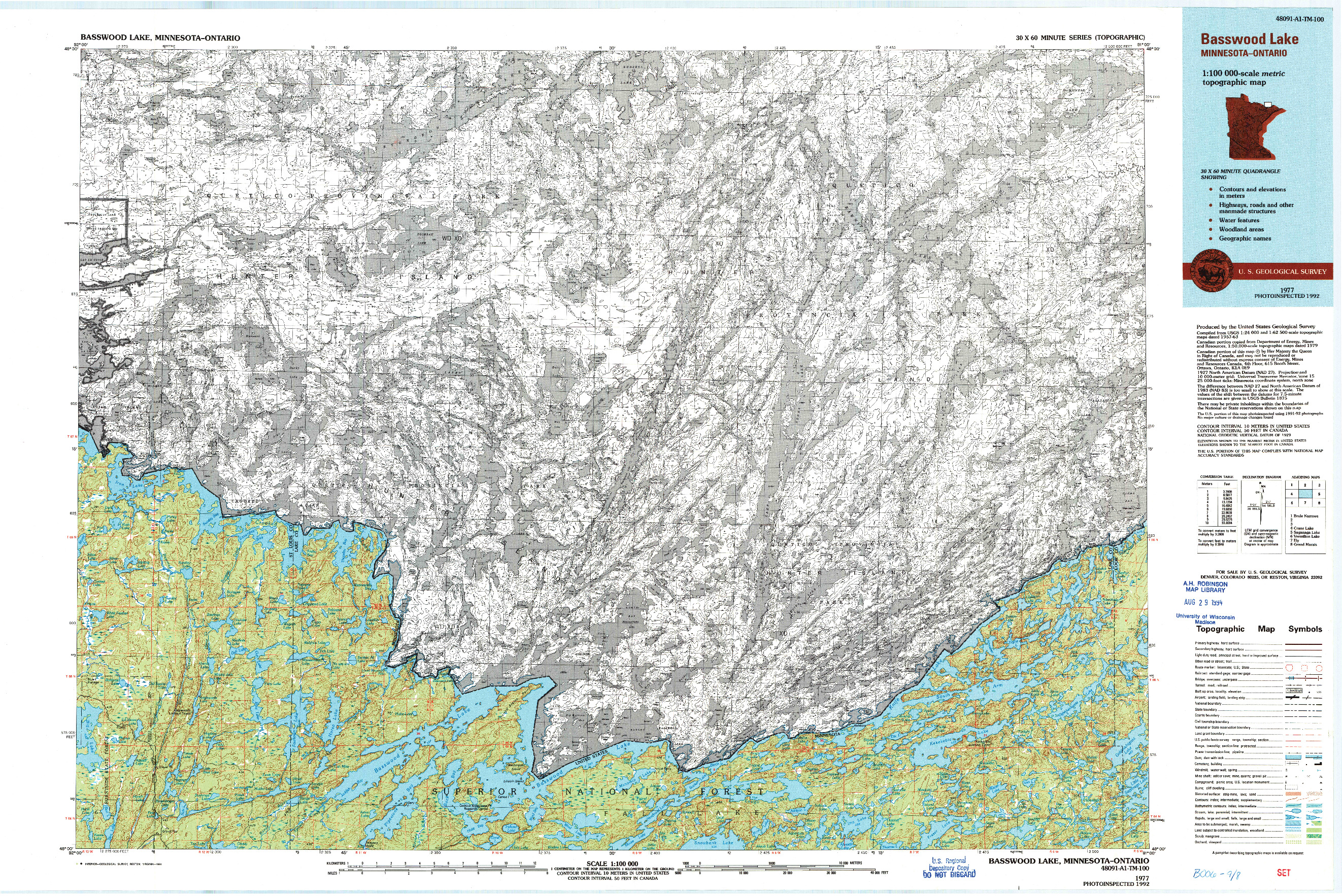 USGS 1:100000-SCALE QUADRANGLE FOR BASSWOOD LAKE, MN 1977