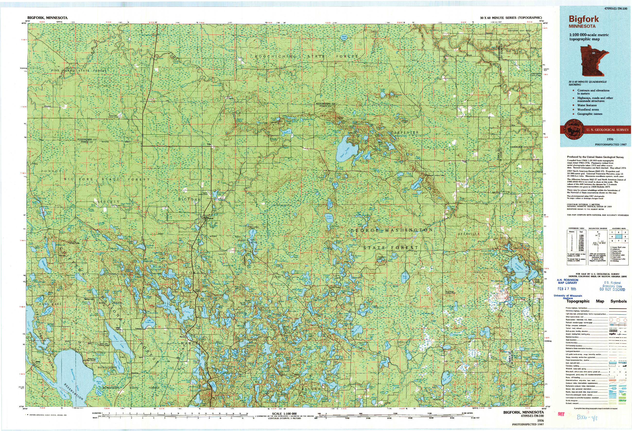 USGS 1:100000-SCALE QUADRANGLE FOR BIGFORK, MN 1976