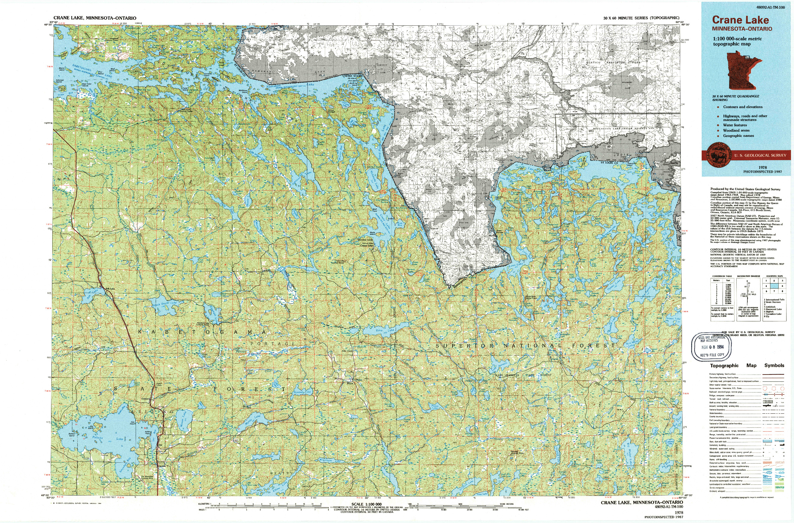 USGS 1:100000-SCALE QUADRANGLE FOR CRANE LAKE, MN 1978