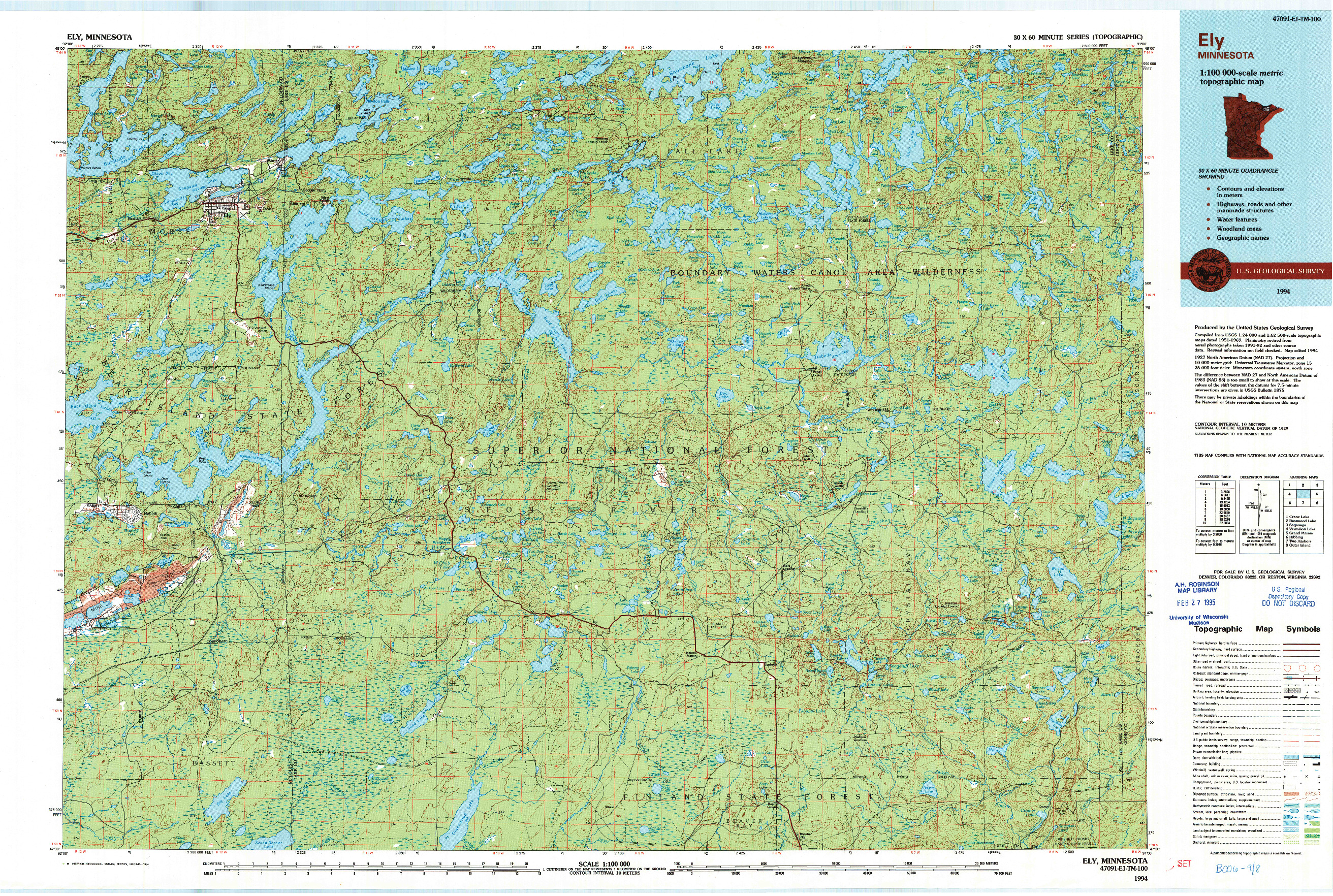 USGS 1:100000-SCALE QUADRANGLE FOR ELY, MN 1994