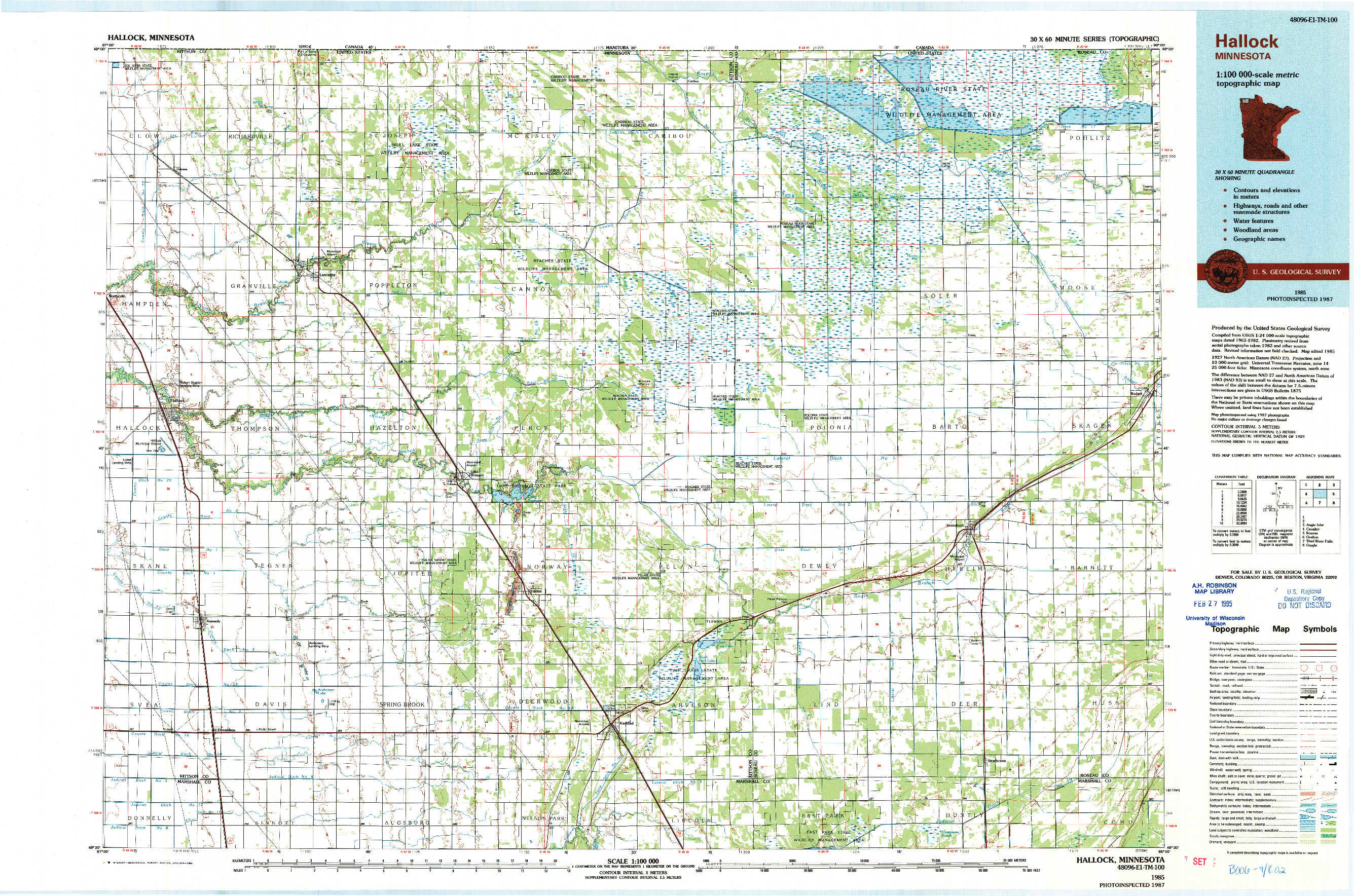 USGS 1:100000-SCALE QUADRANGLE FOR HALLOCK, MN 1985