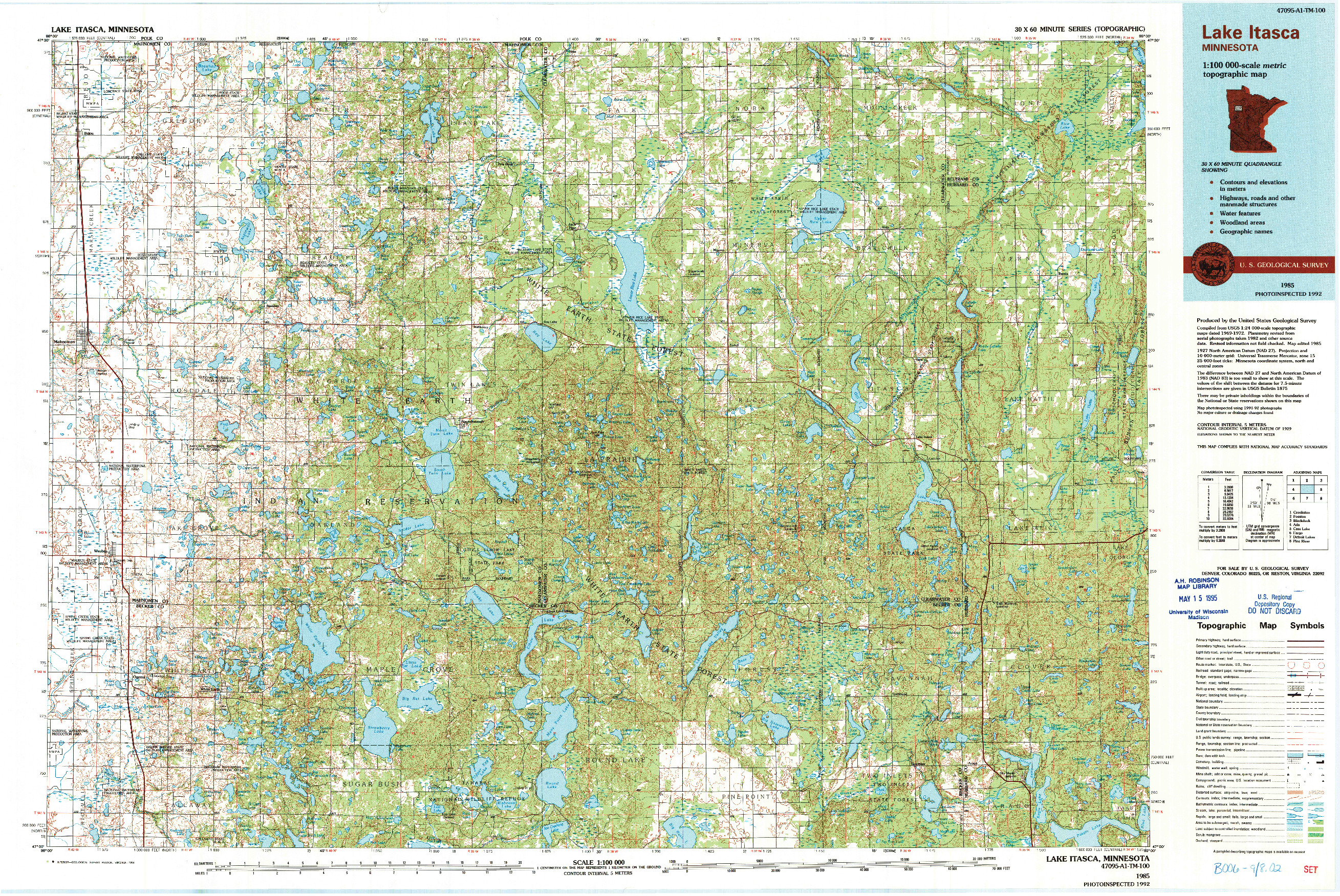 USGS 1:100000-SCALE QUADRANGLE FOR LAKE ITASCA, MN 1985