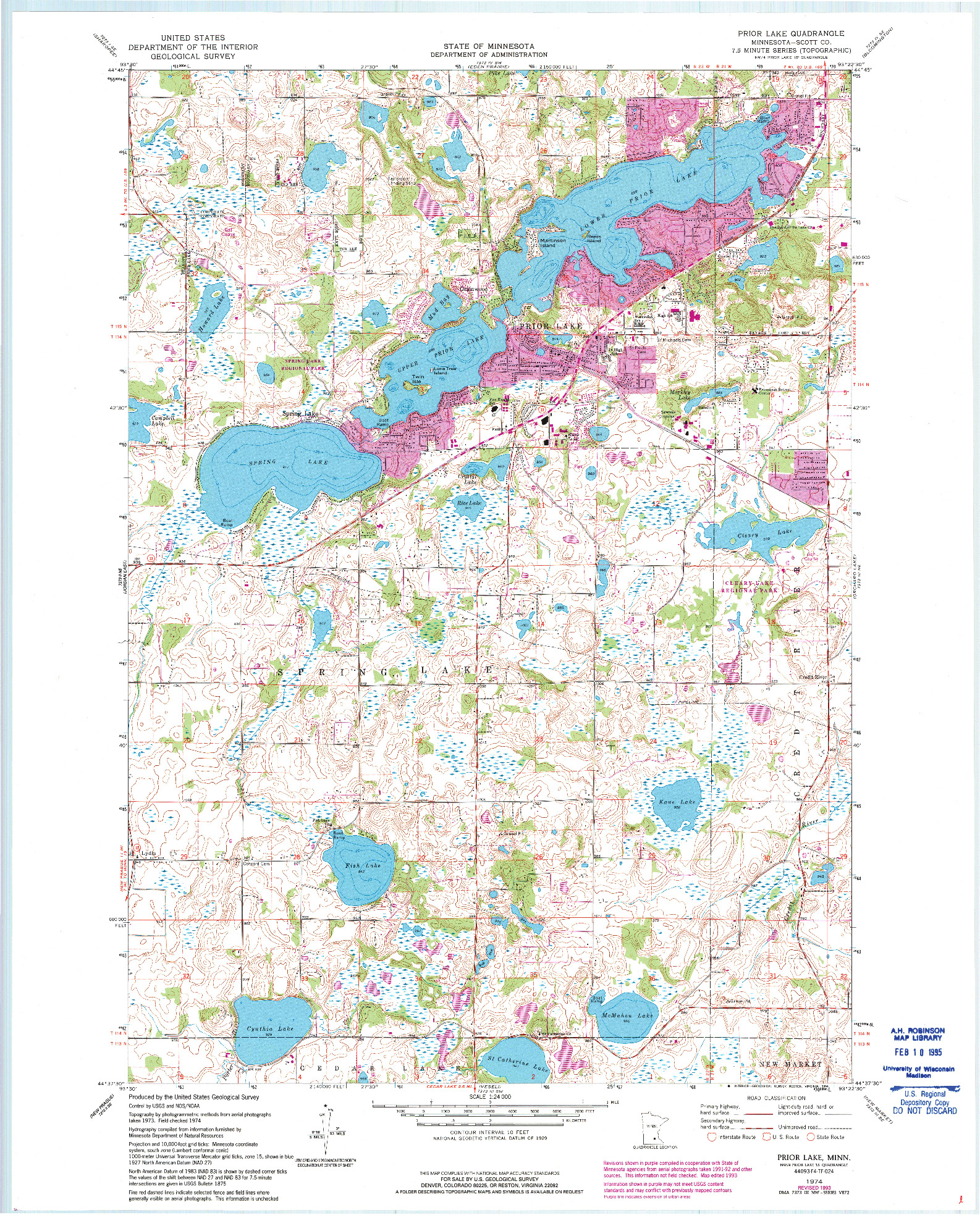 USGS 1:24000-SCALE QUADRANGLE FOR PRIOR LAKE, MN 1974