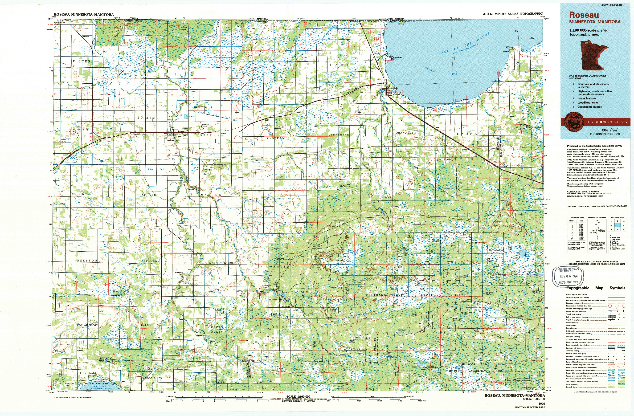 USGS 1:100000-SCALE QUADRANGLE FOR ROSEAU, MN 1976